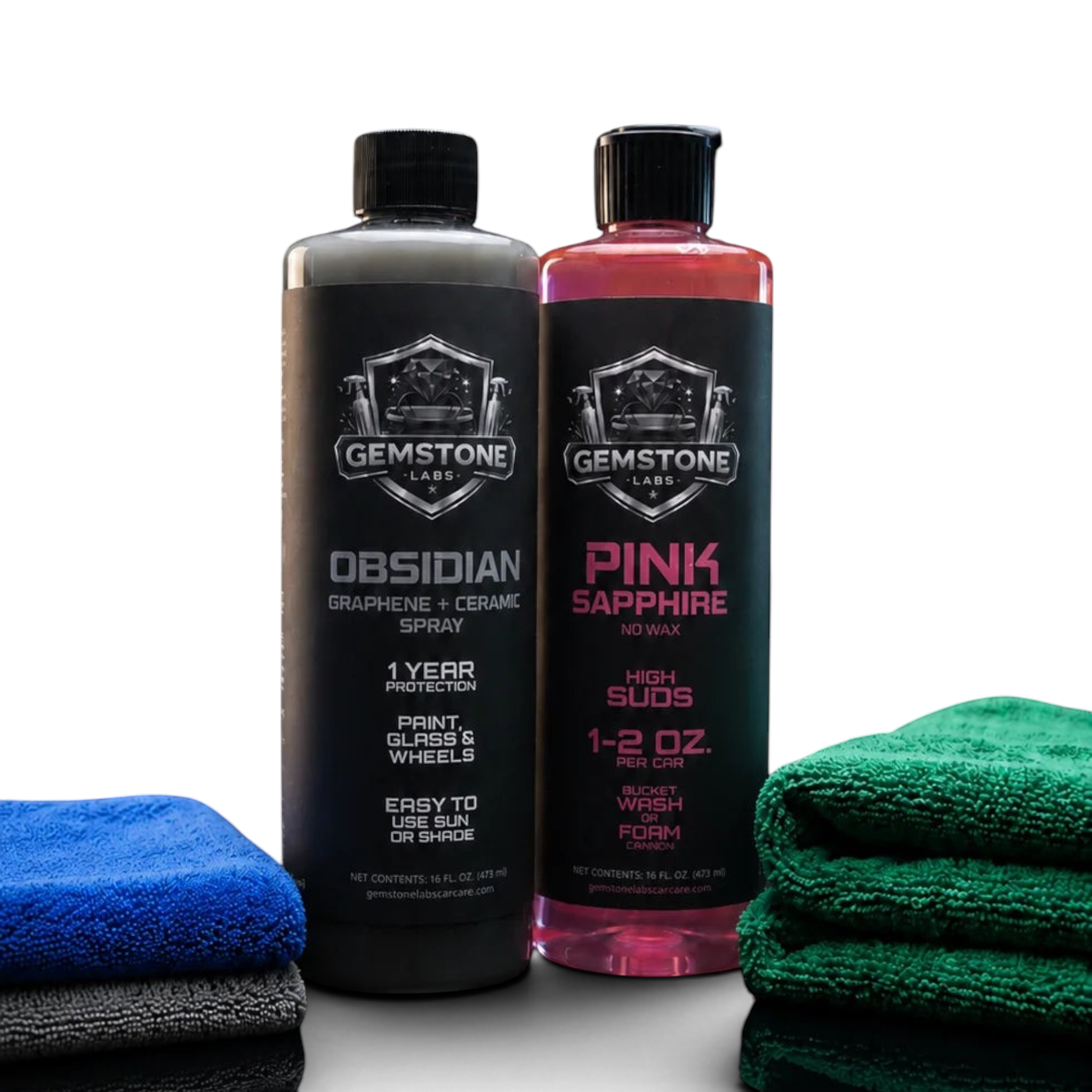 Gemstone Signature Kit with Obsidian spray, Pink Sapphire wash, and microfiber towels