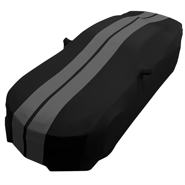 2010-2024 Camaro Ultraguard Stretch Satin Indoor Car Cover : Sport Series - Black with Gray Stripes fitted over a vehicle