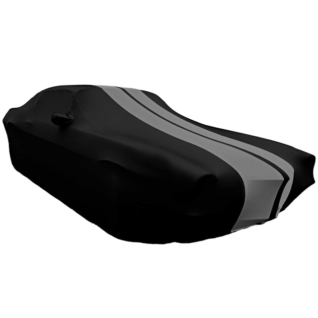 1967-1981 Camaro Ultraguard Stretch Satin Indoor Car Cover : Sport Series - Black with Gray Stripes fitted over a vehicle