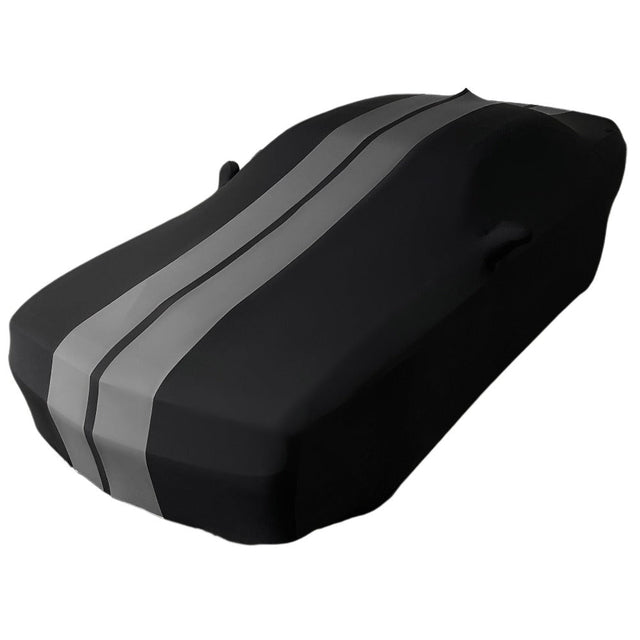 2008-2023 Dodge Challenger Ultraguard Stretch Satin Indoor Car Cover : Sport Series - Black with Gray Stripes fitted over a vehicle