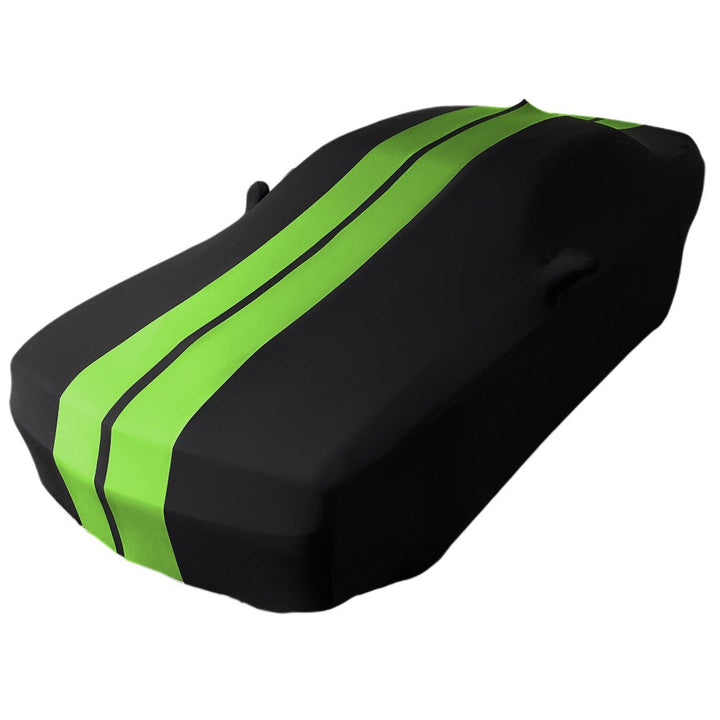 Black and green striped Ultraguard indoor stretch satin cover fitted over a Dodge Challenger
