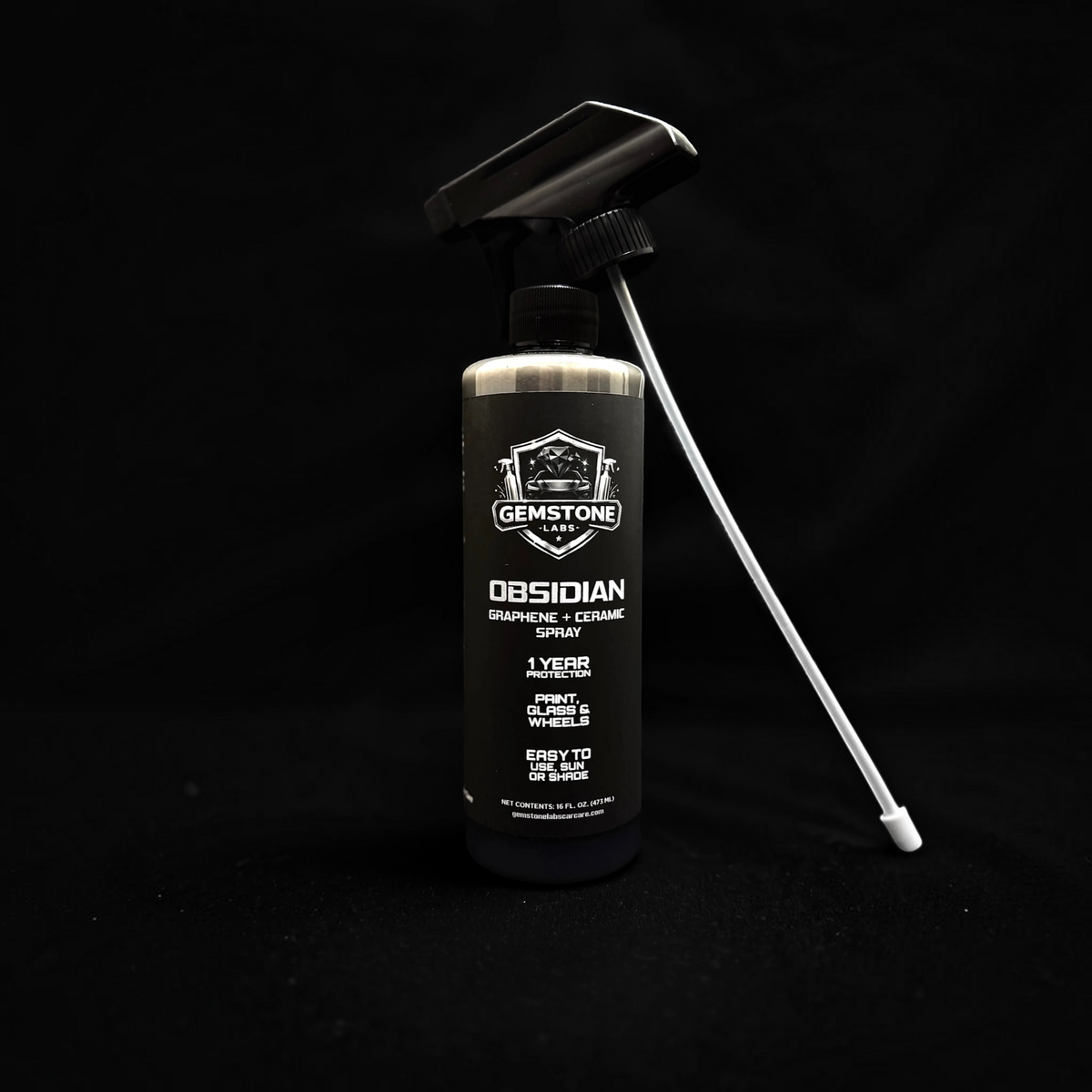 T-Top Vibes Obsidian Graphene and Ceramic spray bottle for car paint, glass, and wheel protection on black background
