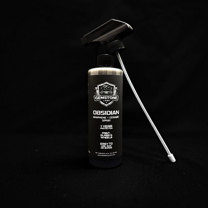 T-Top Vibes Obsidian Graphene and Ceramic spray bottle for car paint, glass, and wheel protection on black background