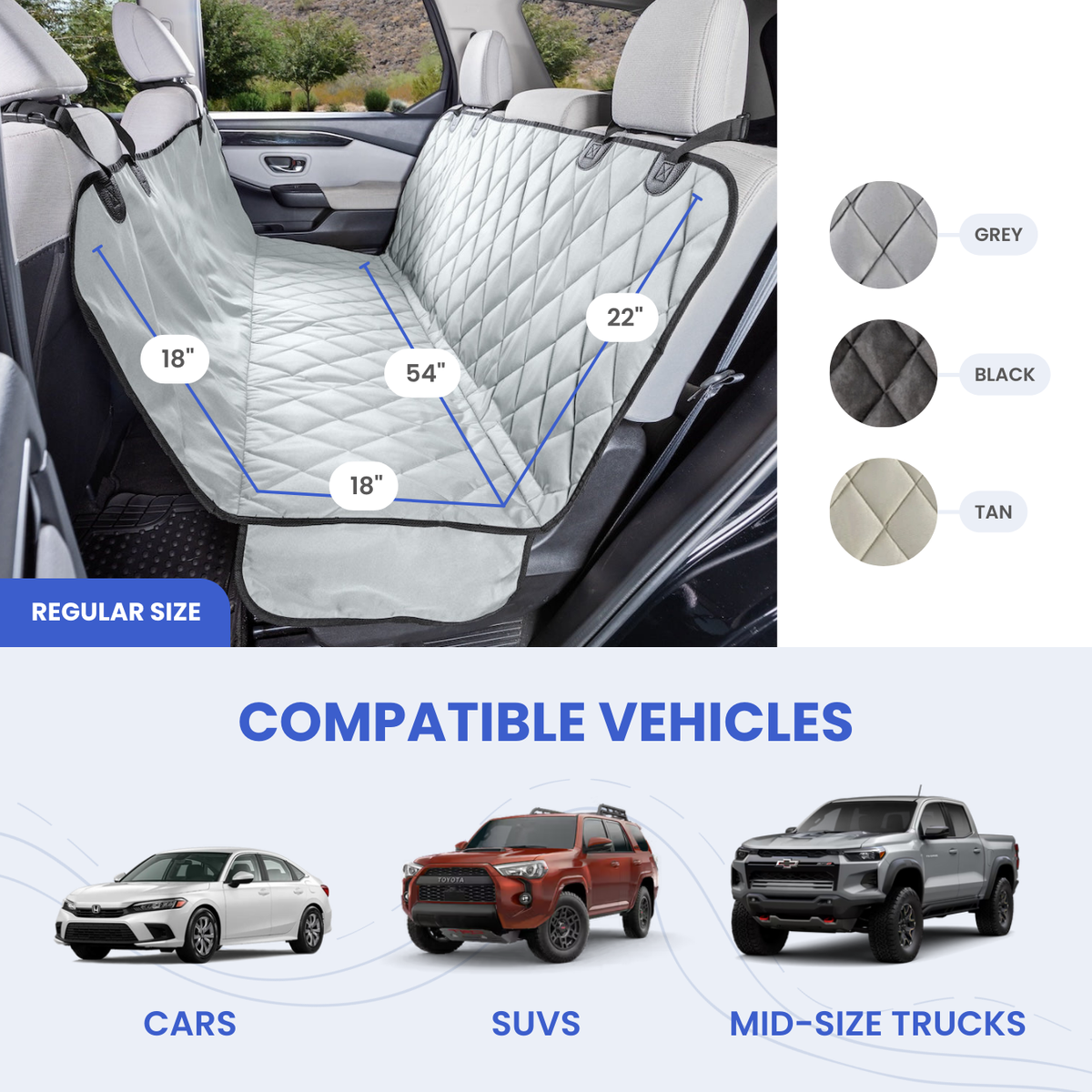4Knines fit and measurement diagram for Dog Rear Seat Cover with Hammock - Regular