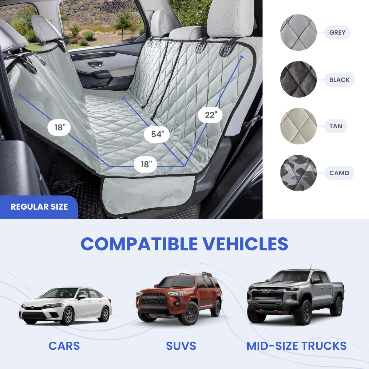 4Knines fit and measurement diagram for Rear Seat Cover for Fold Down Seats with Hammock - Regular