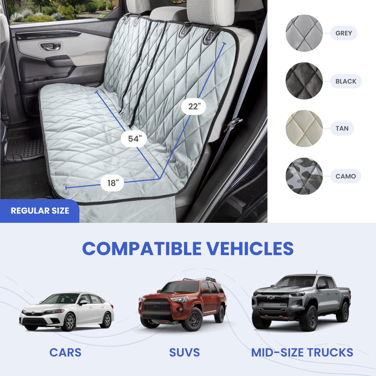 4Knines fit and measurement diagram for Rear Seat Cover for Fold Down Seats - No Hammock - Regular