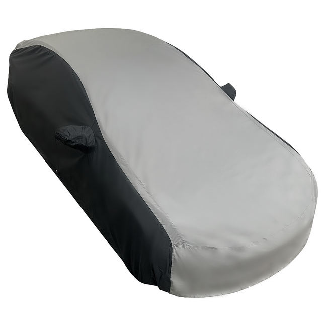 2017-2026 Tesla Model 3 Ultraguard Plus Car Cover - 300D Indoor/Outdoor Protection - Gray/Black fitted over a vehicle