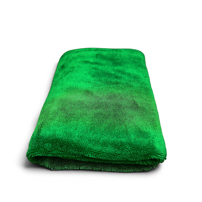 T-Top Vibes Emerald 1200GSM microfiber drying towel for car detailing with a plush green twisted-loop texture.