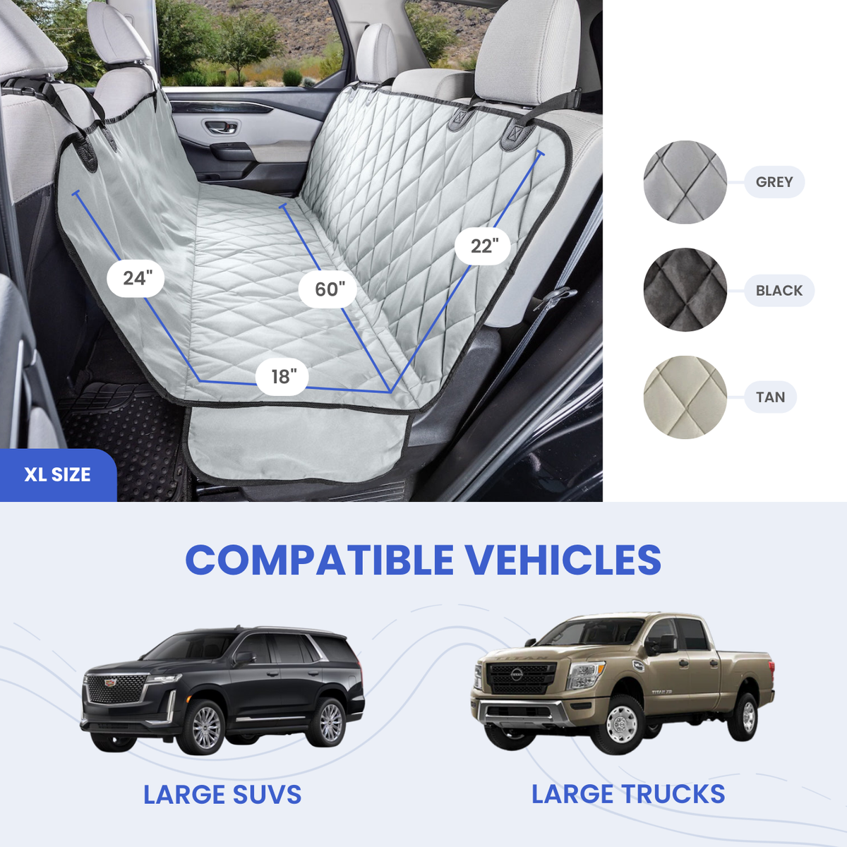 4Knines fit and measurement diagram for Dog Rear Seat Cover with Hammock - XL