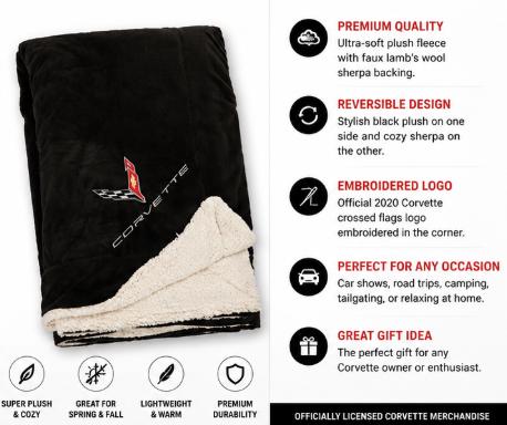 Officially Licensed Corvette Sherpa Blanket | Embroidered Crossed Flags Logo, Plush Fleece Throw