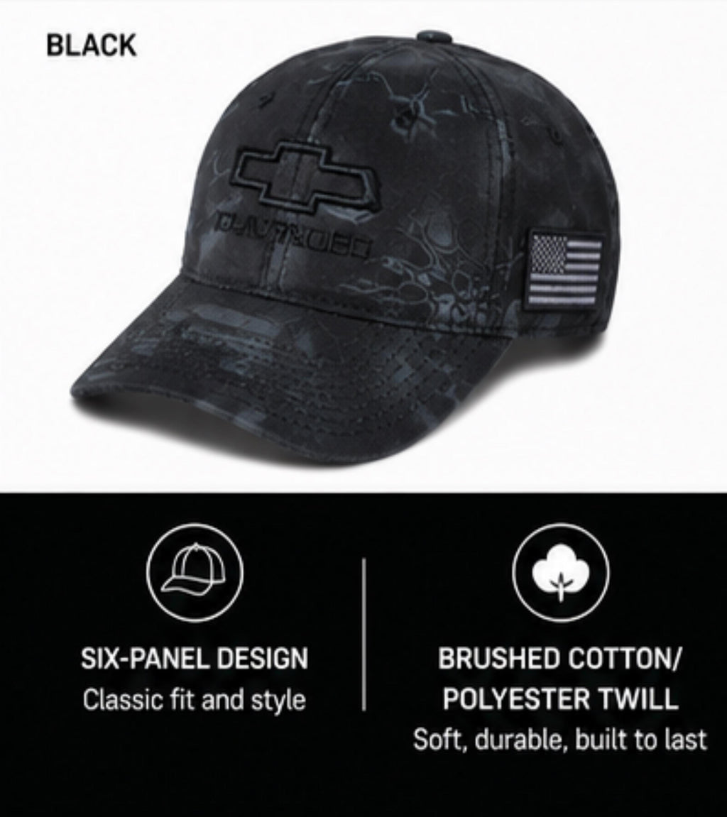Chevrolet Camo Tactical Cap | Embroidered Bowtie, American Flag Patch