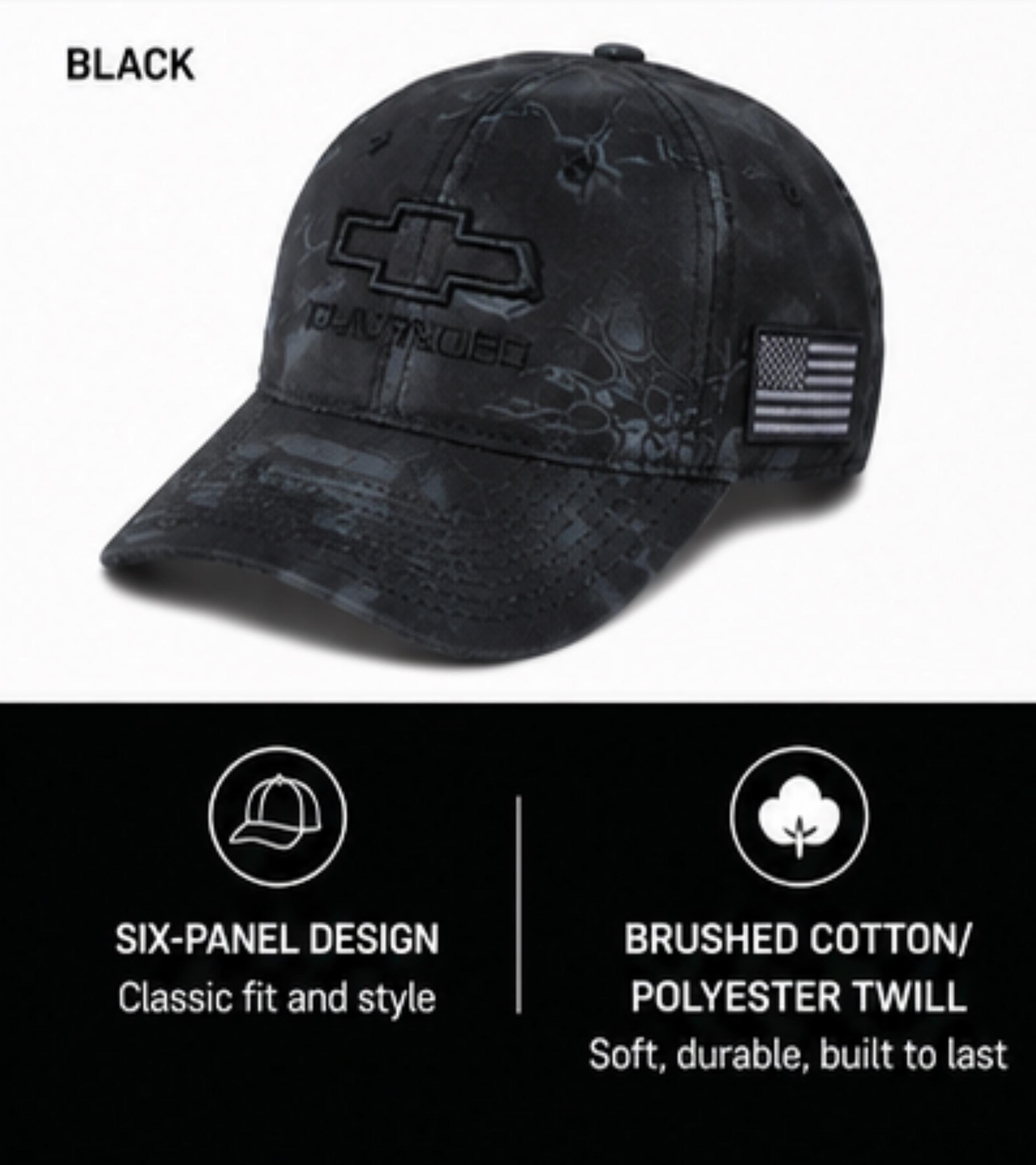 Chevrolet Camo Tactical Cap | Embroidered Bowtie, American Flag Patch