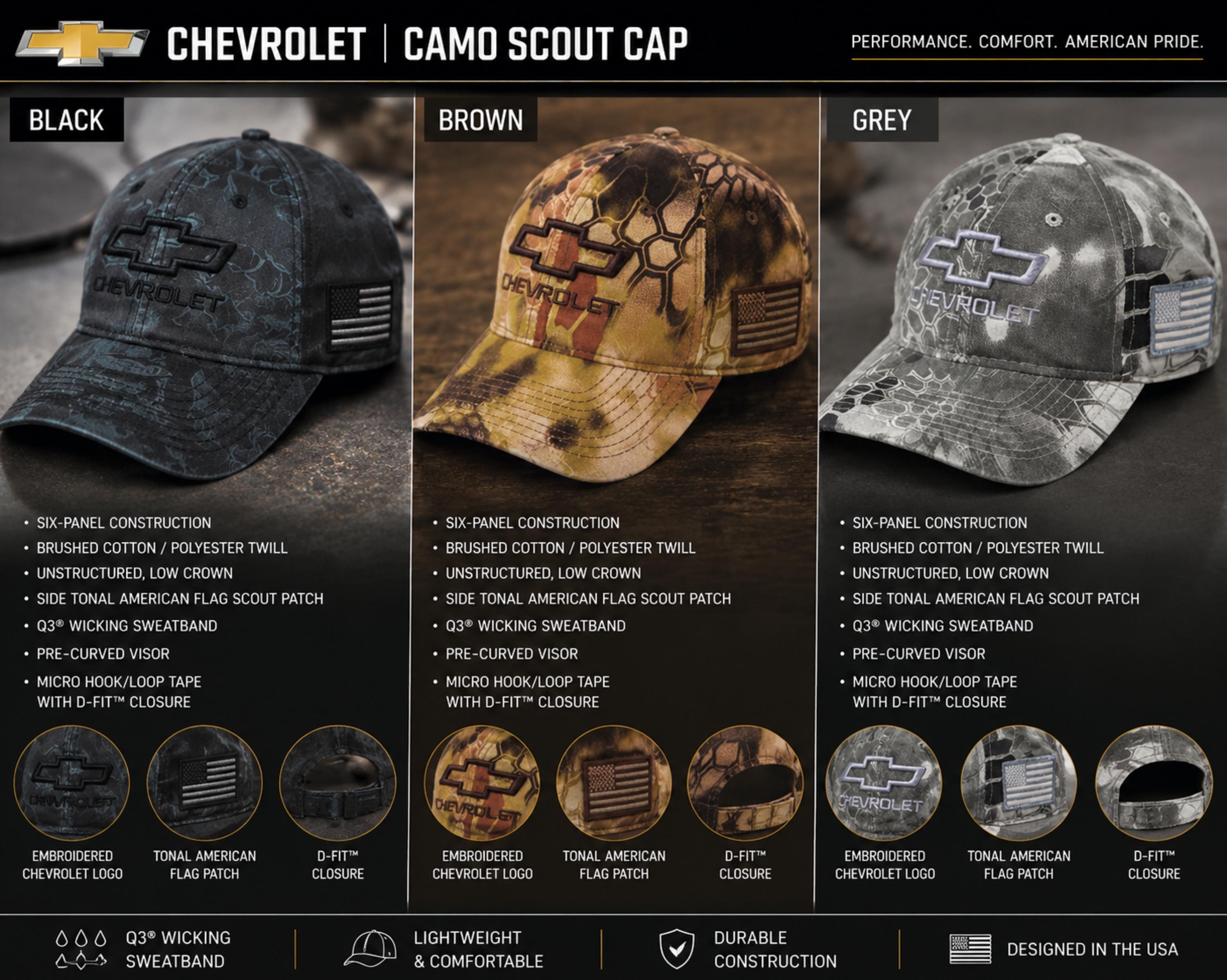 Chevrolet Camo Tactical Cap | Embroidered Bowtie, American Flag Patch