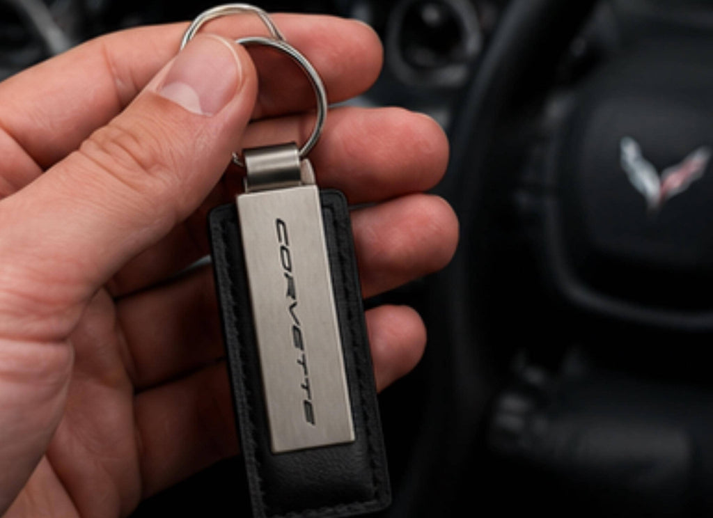 Corvette Metal Leather Keychain | Brushed Metal Key Ring | Car Enthusiast Gift