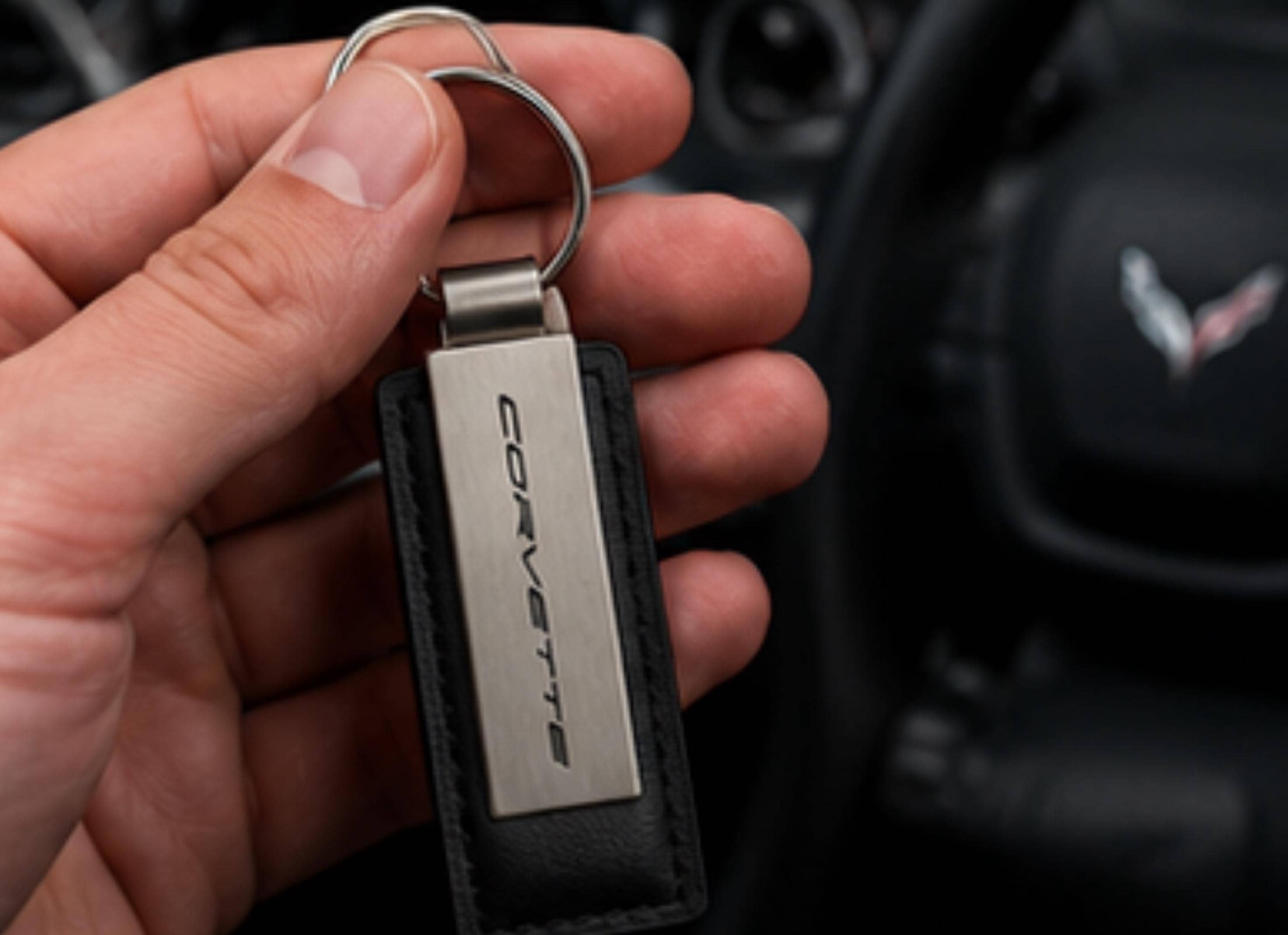 Corvette Metal Leather Keychain | Brushed Metal Key Ring | Car Enthusiast Gift
