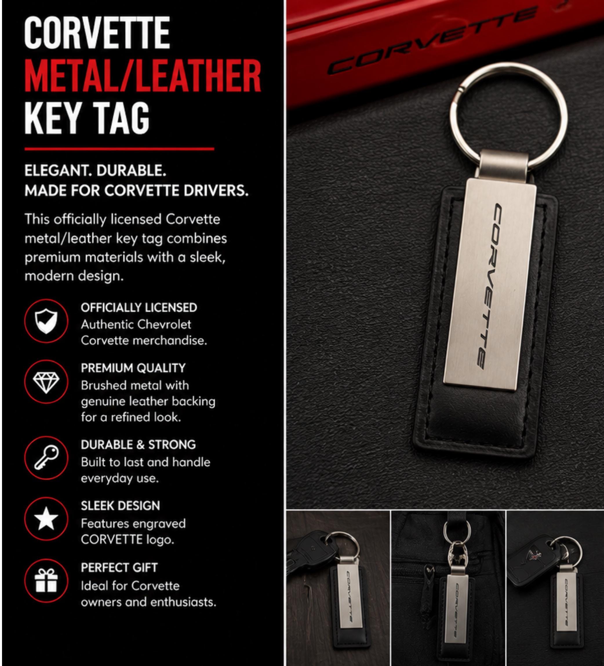 Corvette Metal Leather Keychain | Brushed Metal Key Ring | Car Enthusiast Gift