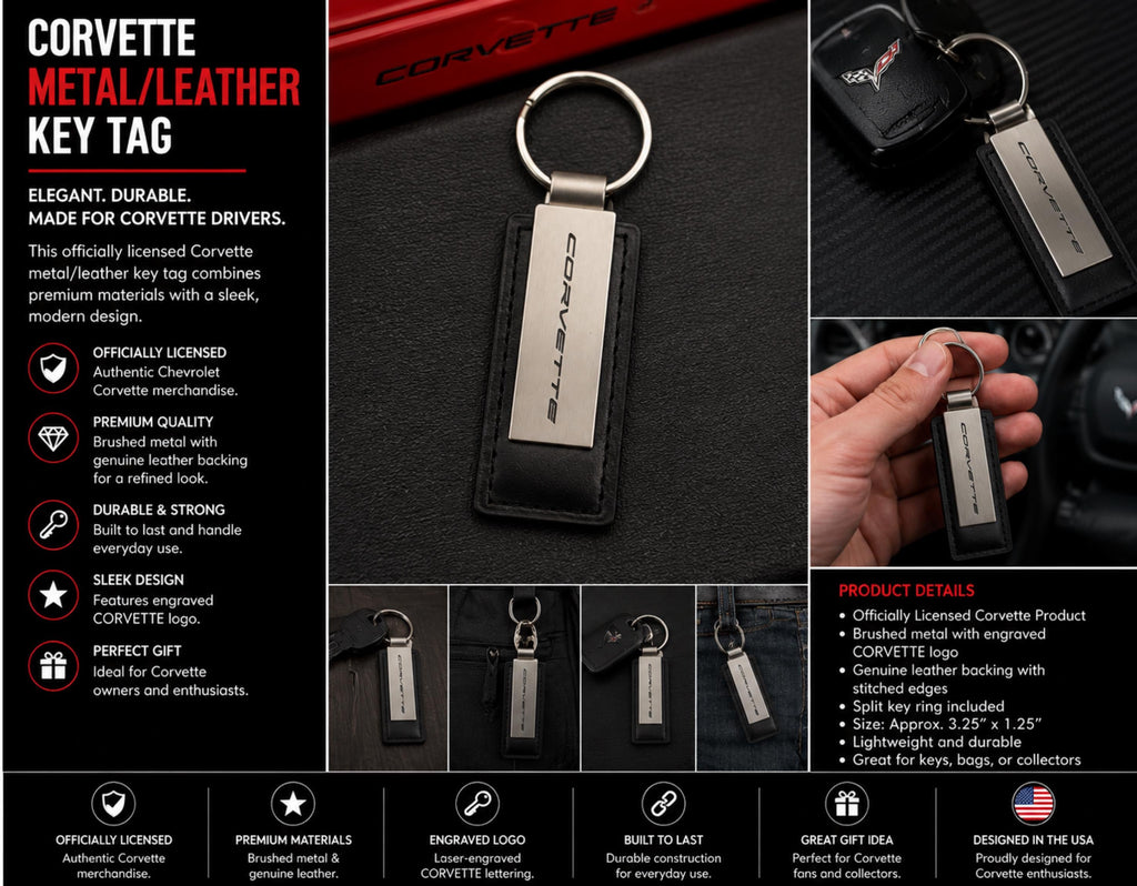 Corvette Metal Leather Keychain | Brushed Metal Key Ring | Car Enthusiast Gift