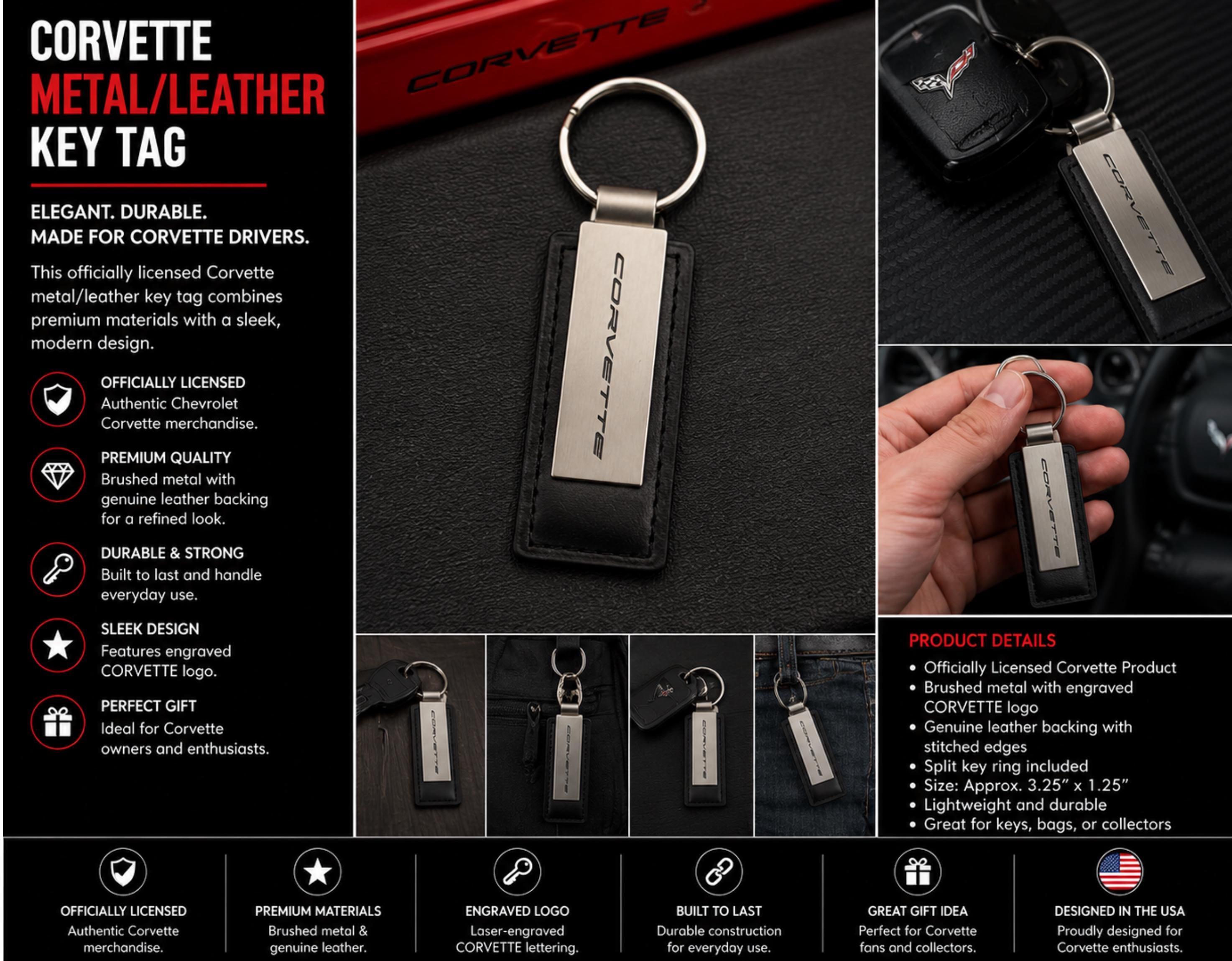 Corvette Metal Leather Keychain | Brushed Metal Key Ring | Car Enthusiast Gift