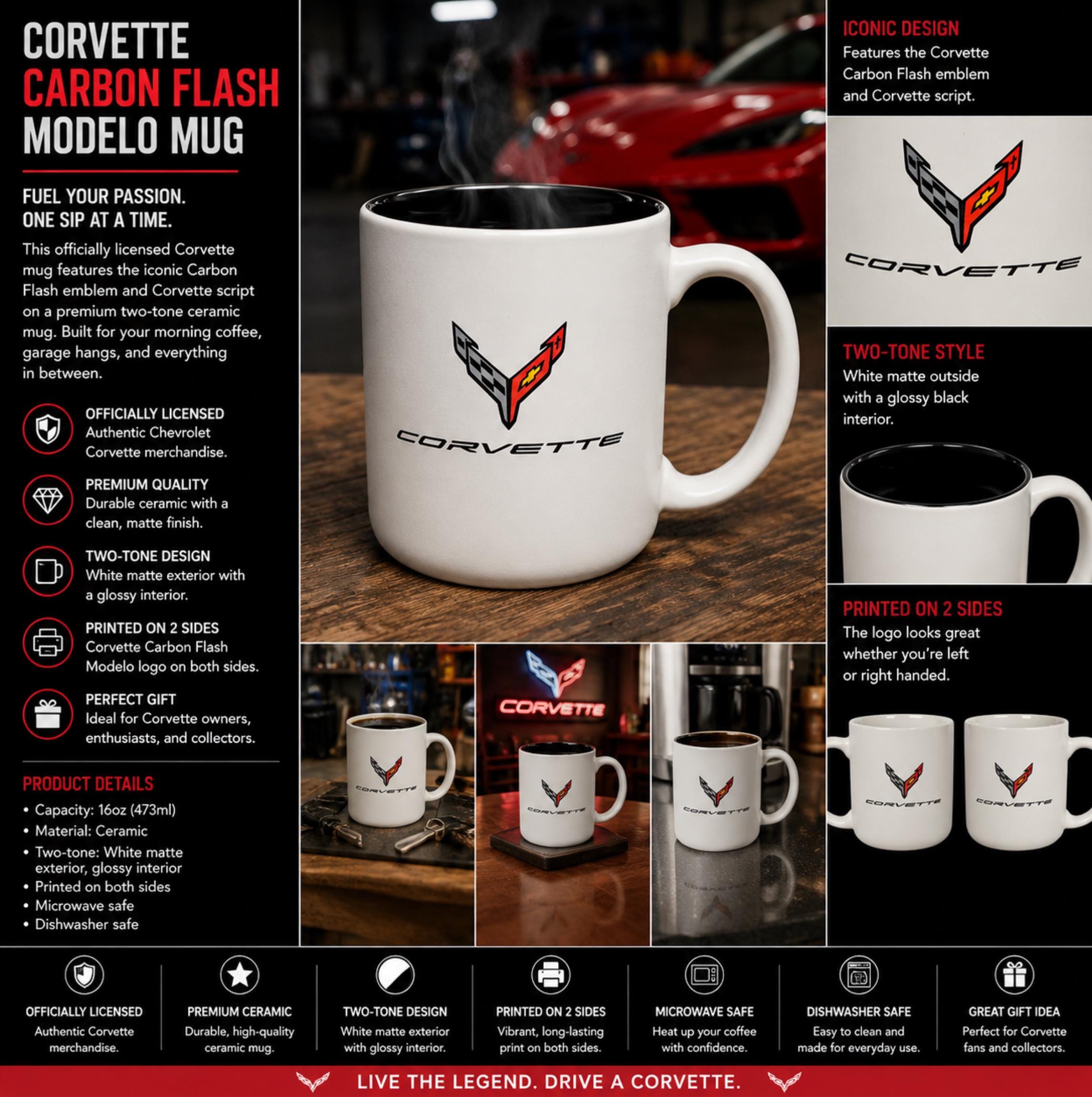Corvette Coffee Mug | 16 oz Ceramic Two-Tone Cup with Emblem