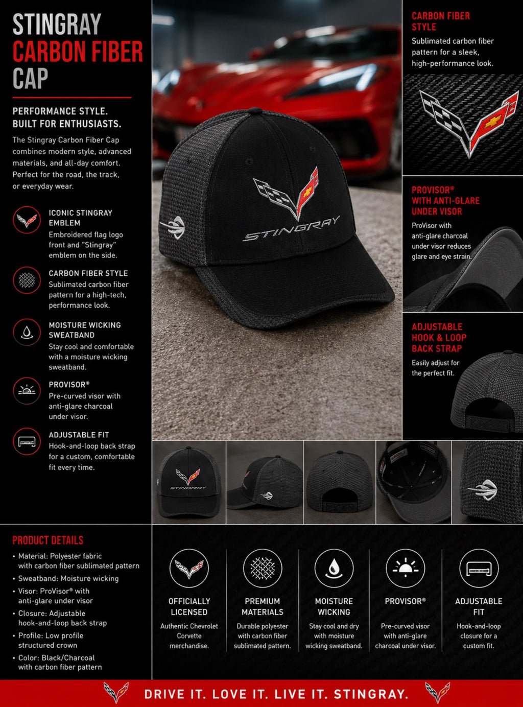 C7 Corvette Stingray Carbon Fiber Performance Cap | Embroidered Crossed Flags Hat
