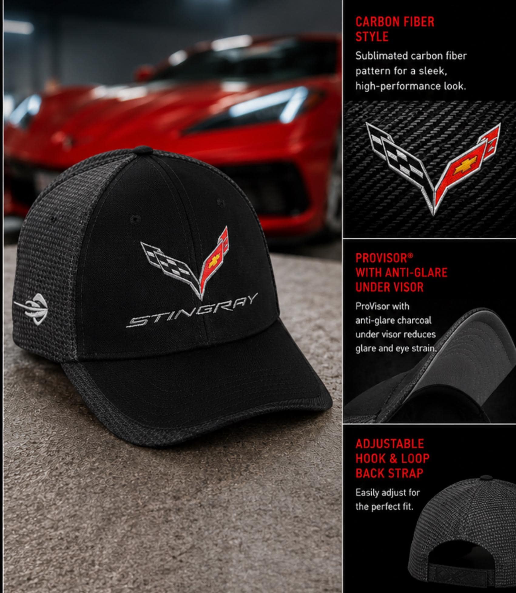 C7 Corvette Stingray Carbon Fiber Performance Cap | Embroidered Crossed Flags Hat
