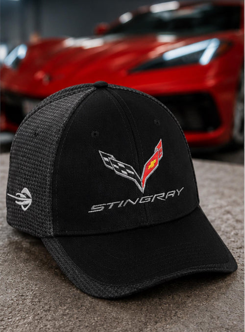C7 Corvette Stingray Carbon Fiber Performance Cap | Embroidered Crossed Flags Hat