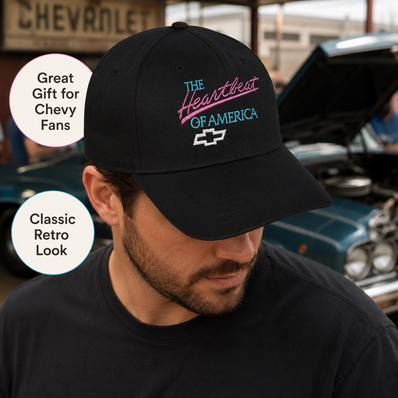 Chevy Heartbeat of America Hat, Retro Pink Turquoise Embroidered Baseball Cap, Classic Chevy Gift
