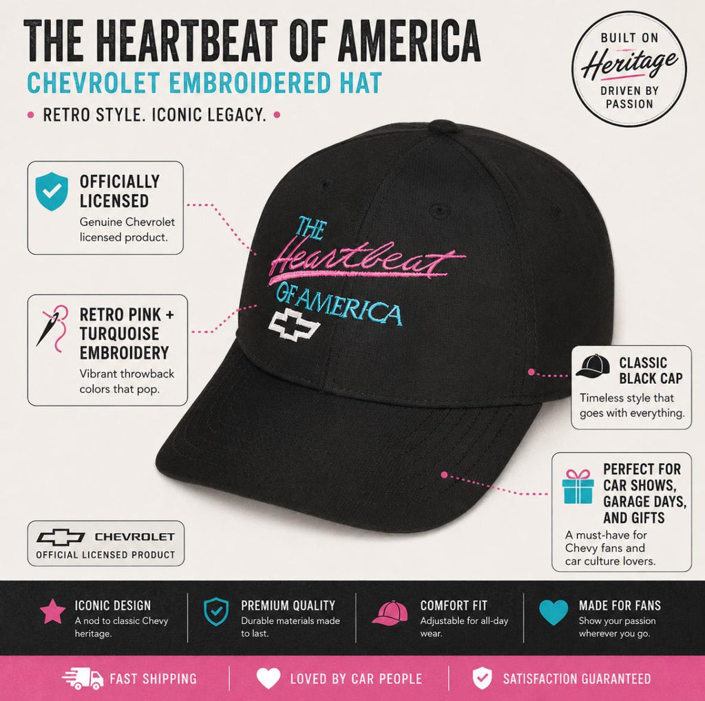 Chevy Heartbeat of America Hat, Retro Pink Turquoise Embroidered Baseball Cap, Classic Chevy Gift