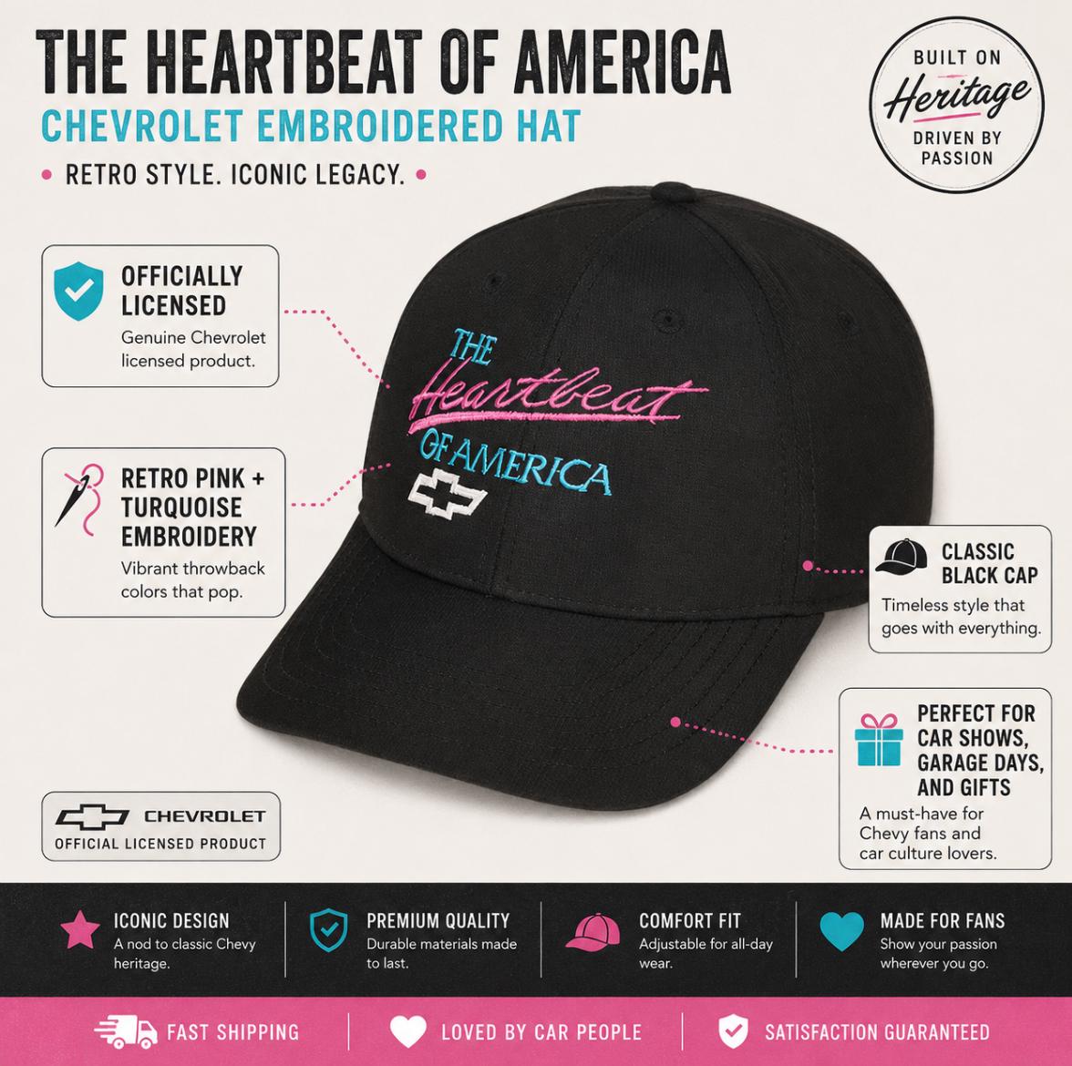 Chevy Heartbeat of America Hat, Retro Pink Turquoise Embroidered Baseball Cap, Classic Chevy Gift