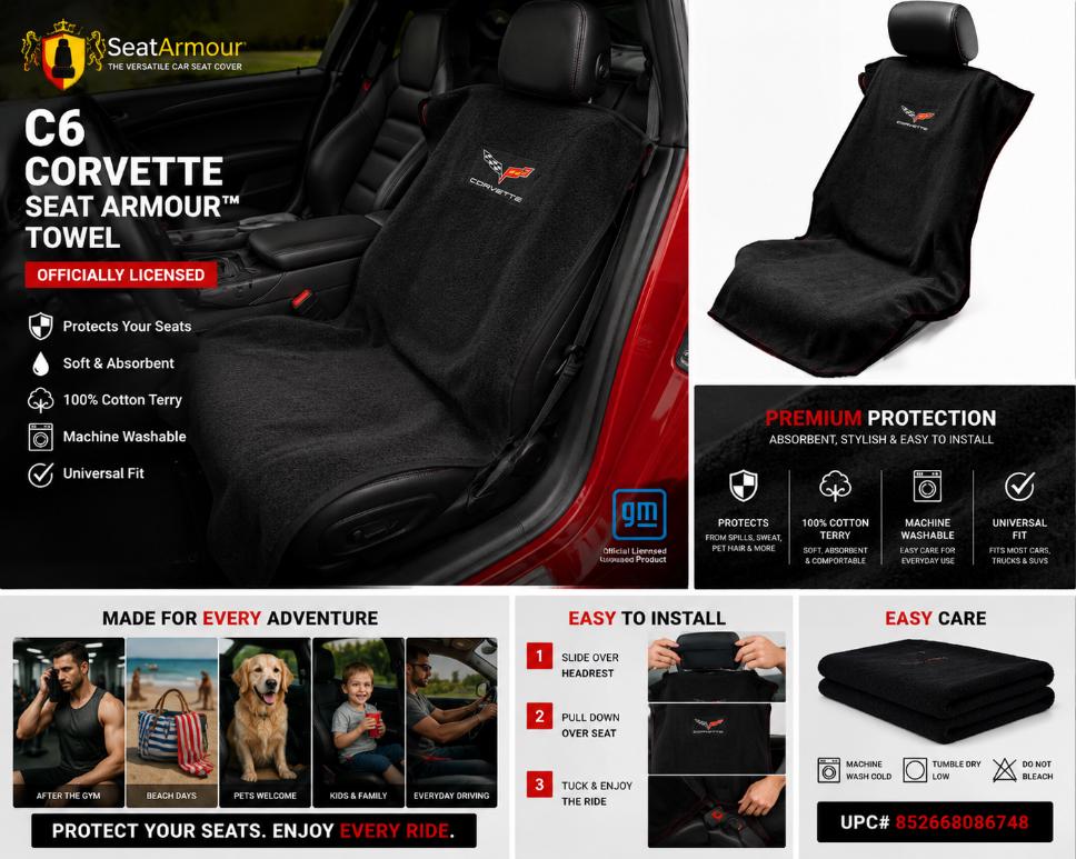 C6 Corvette Seat Armour Towel | Black Cotton Terry Seat Protector | Officially Licensed GM®