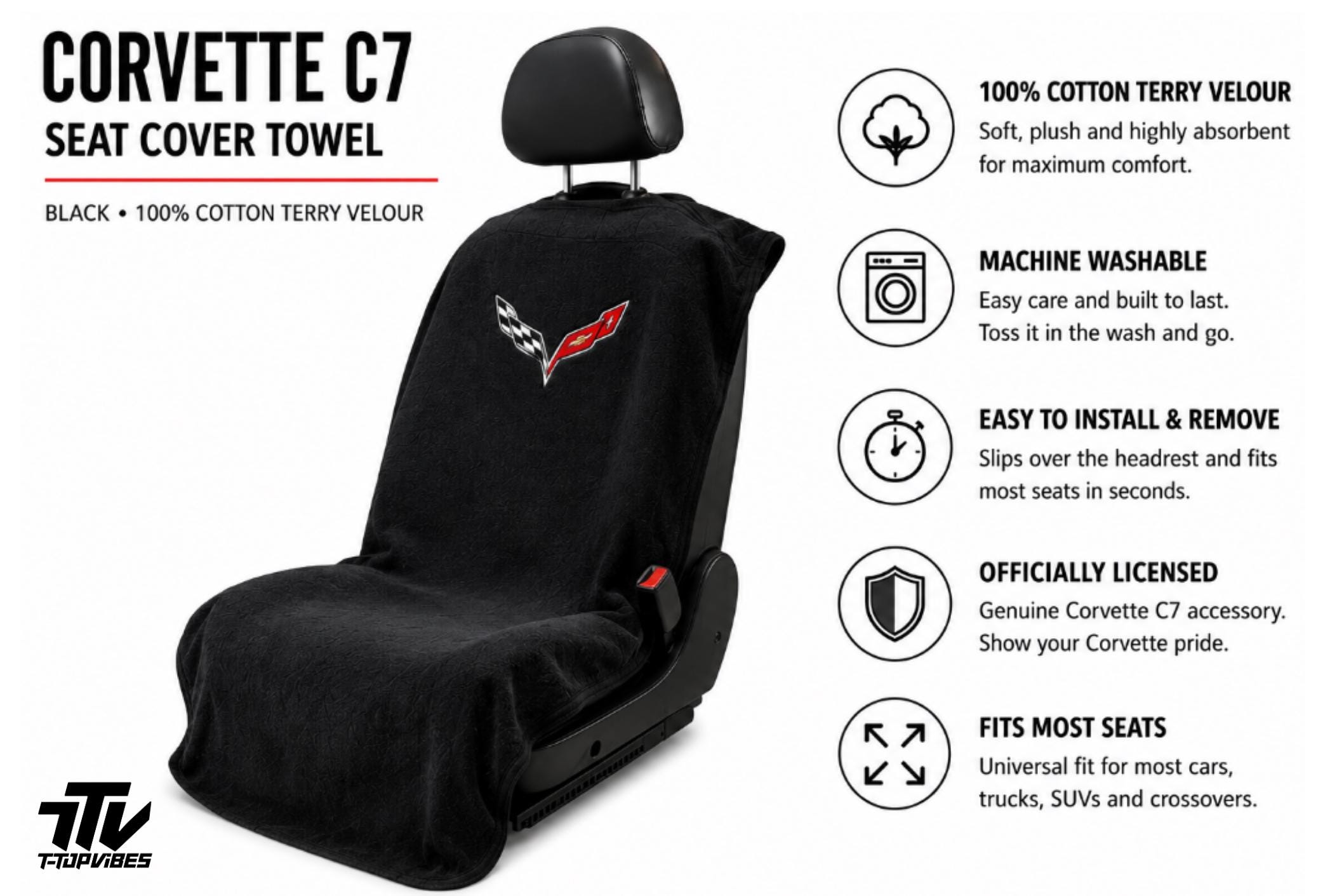 C7 Corvette Seat Cover Towel | Black Cotton Terry Velour Protector
