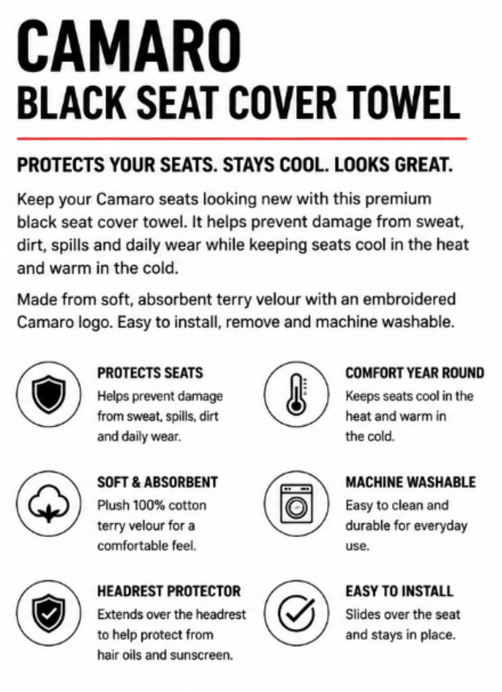 Officially Licensed Camaro Seat Cover Towel | Black Cotton Terry Velour Protector