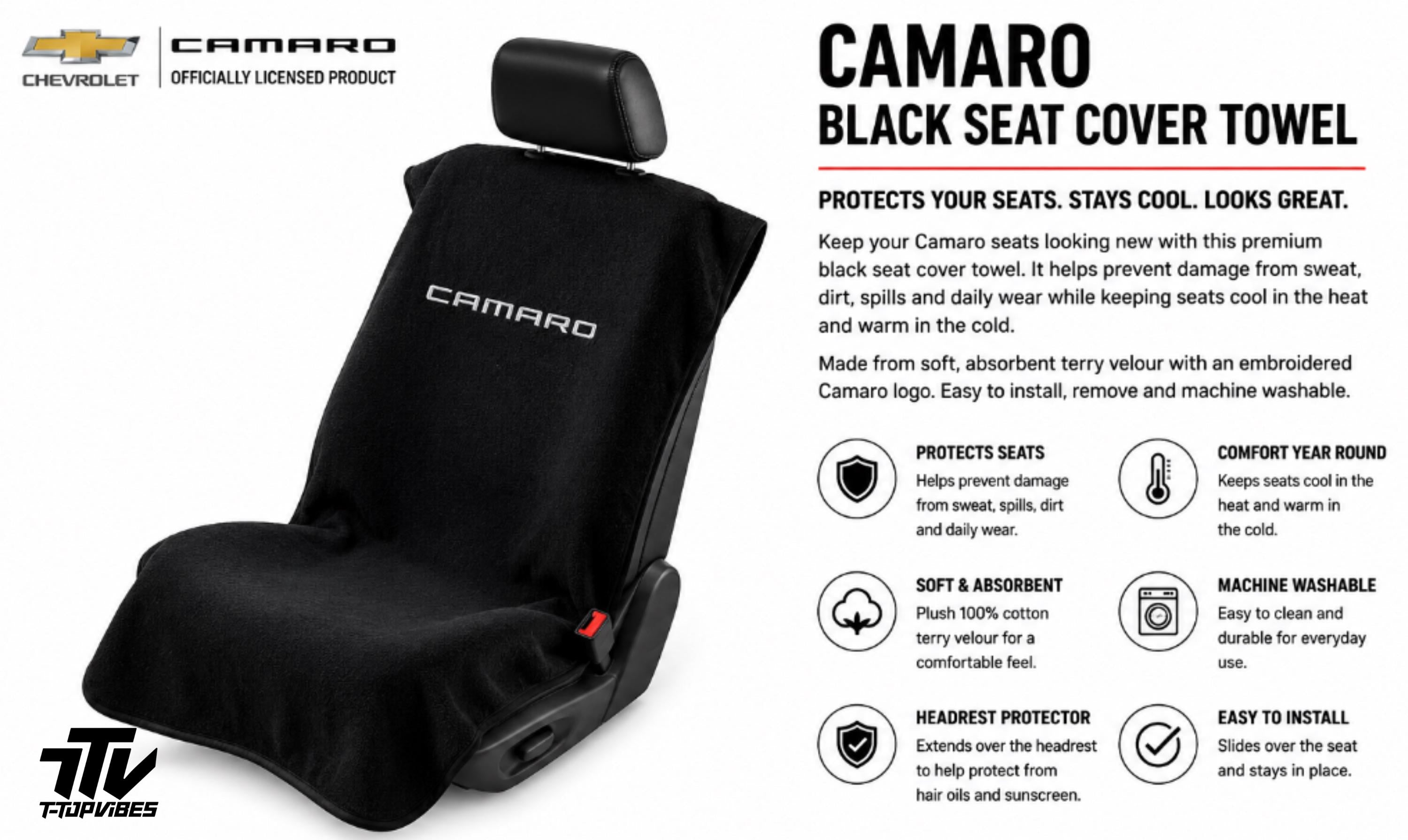 Officially Licensed Camaro Seat Cover Towel | Black Cotton Terry Velour Protector