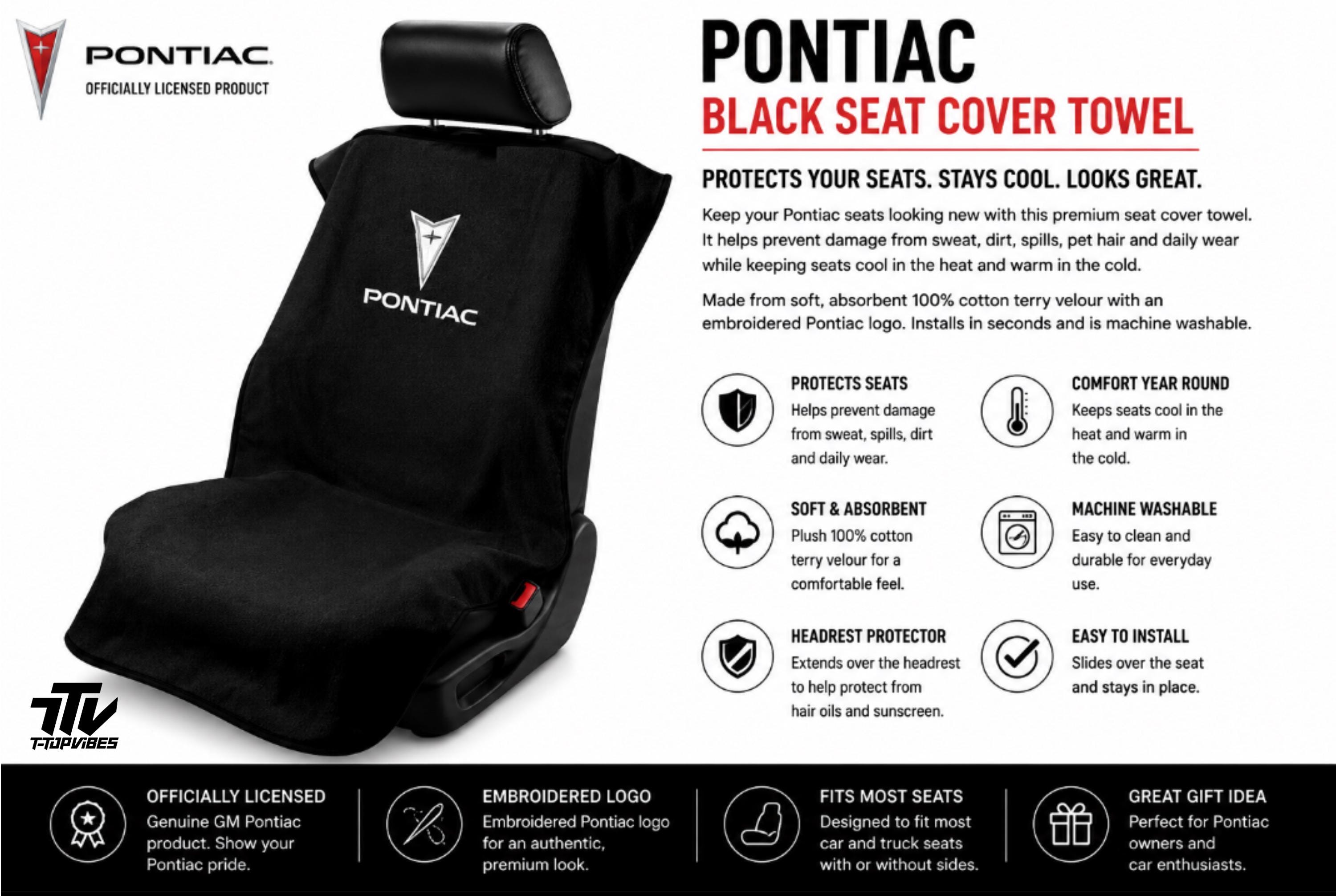 Officially Licensed Pontiac Trans Am Seat Cover Towel | Firebird Protector, Black Cotton Terry Velour