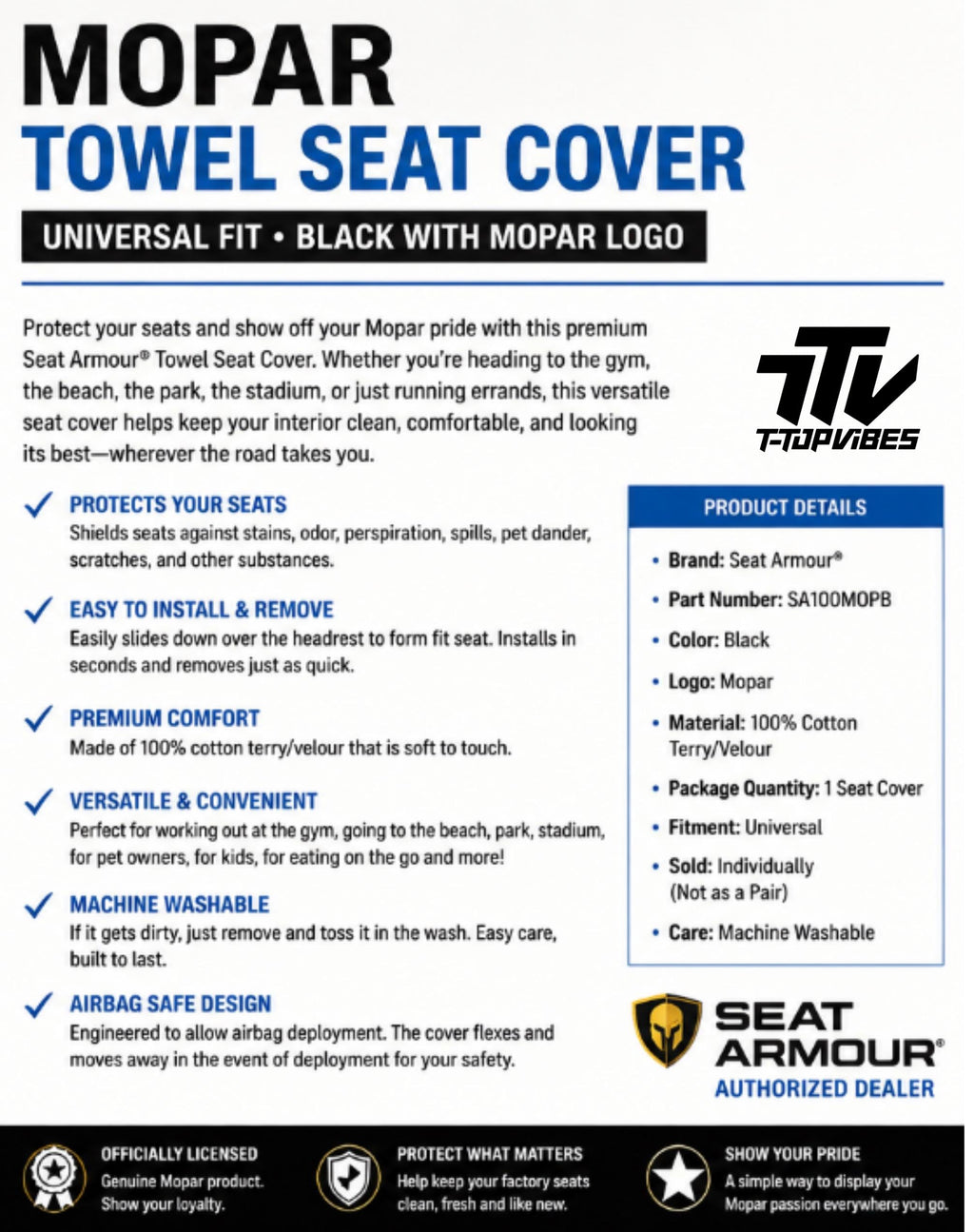 Officially Licensed Mopar Terry Velour Seat Cover | Black Cotton Protector
