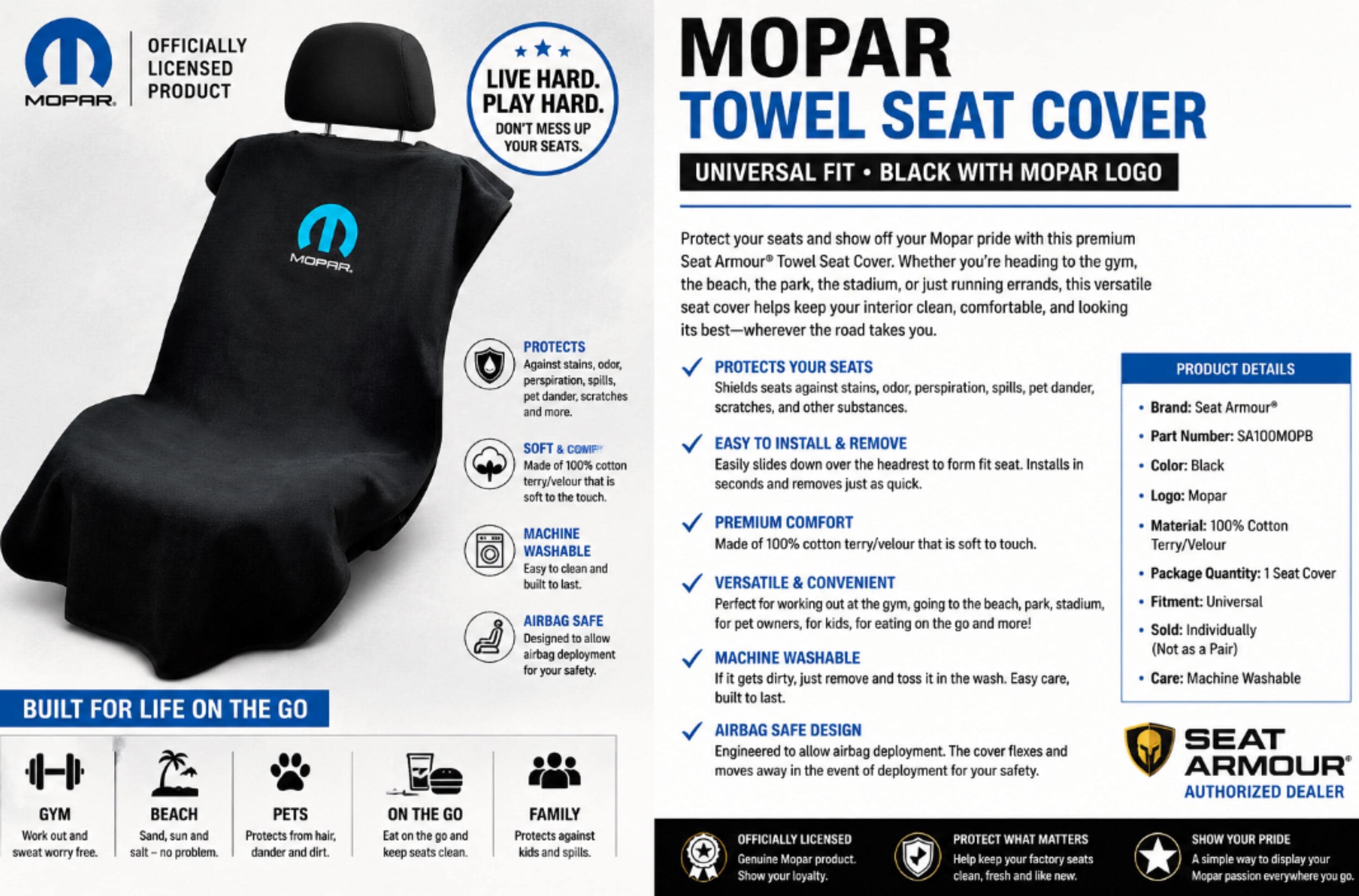 Officially Licensed Mopar Terry Velour Seat Cover | Black Cotton Protector