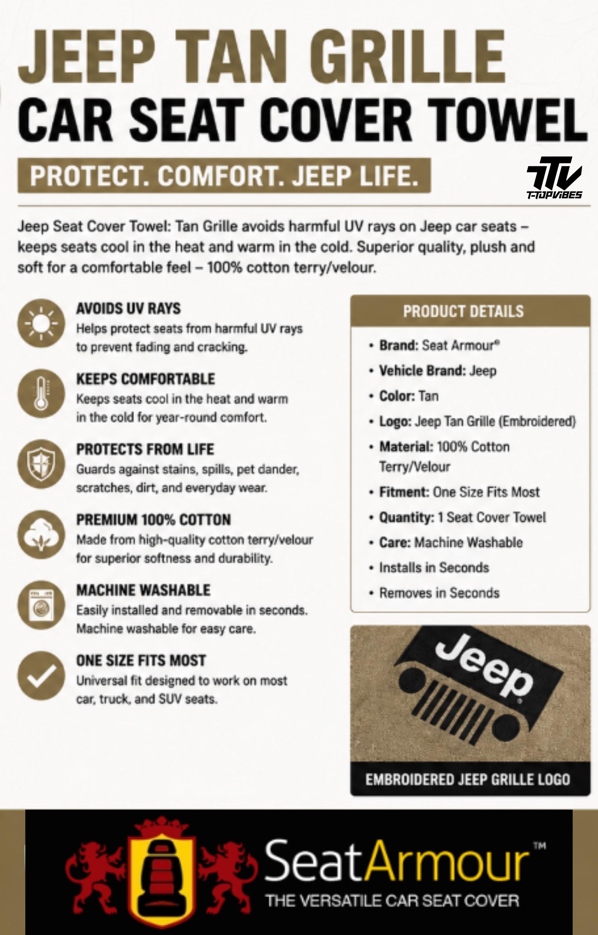 Officially Licensed Jeep Grille Seat Cover Towel | Tan Cotton Terry Velour Protector