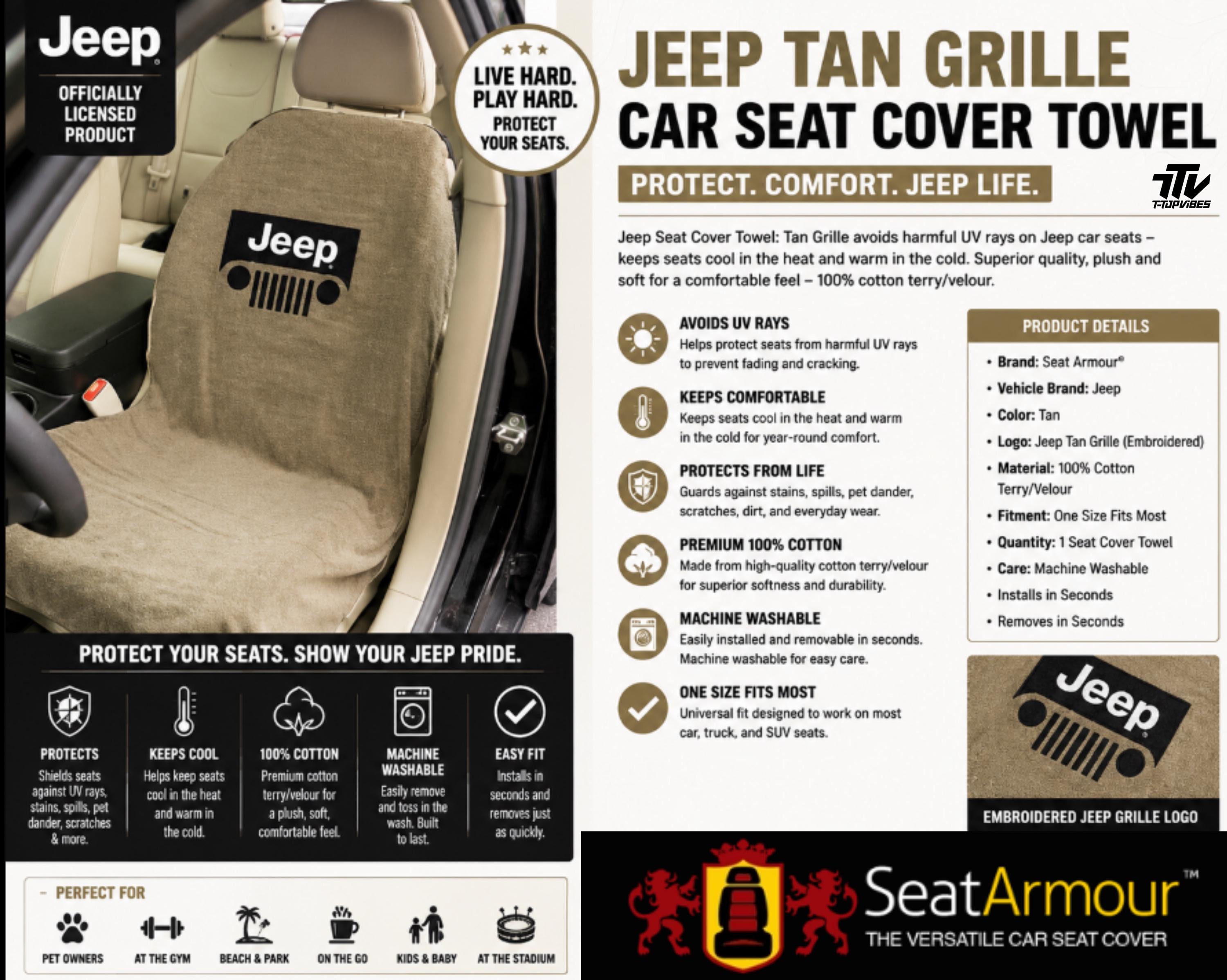 Officially Licensed Jeep Grille Seat Cover Towel | Tan Cotton Terry Velour Protector
