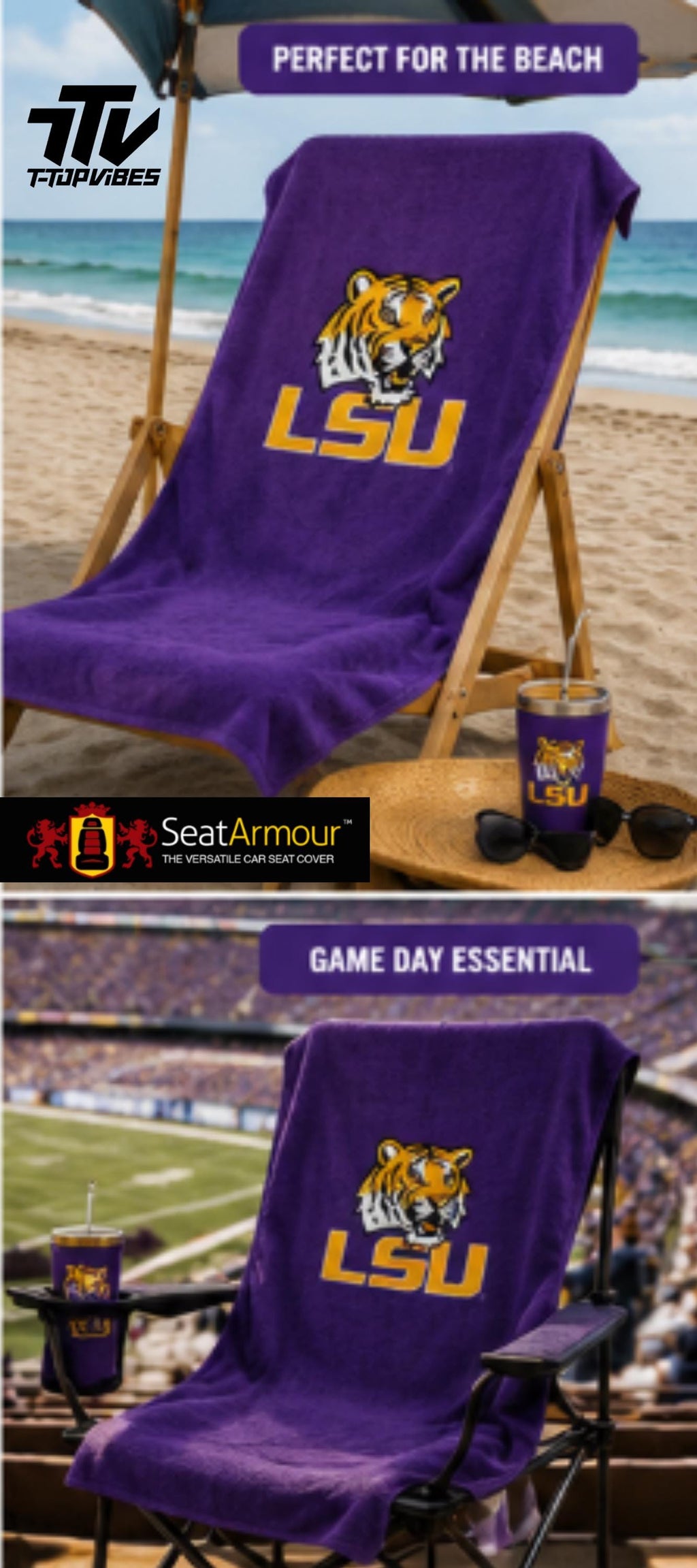 LSU Tigers Seat Cover Towel | 100% Cotton Terry Velour, Universal Fit