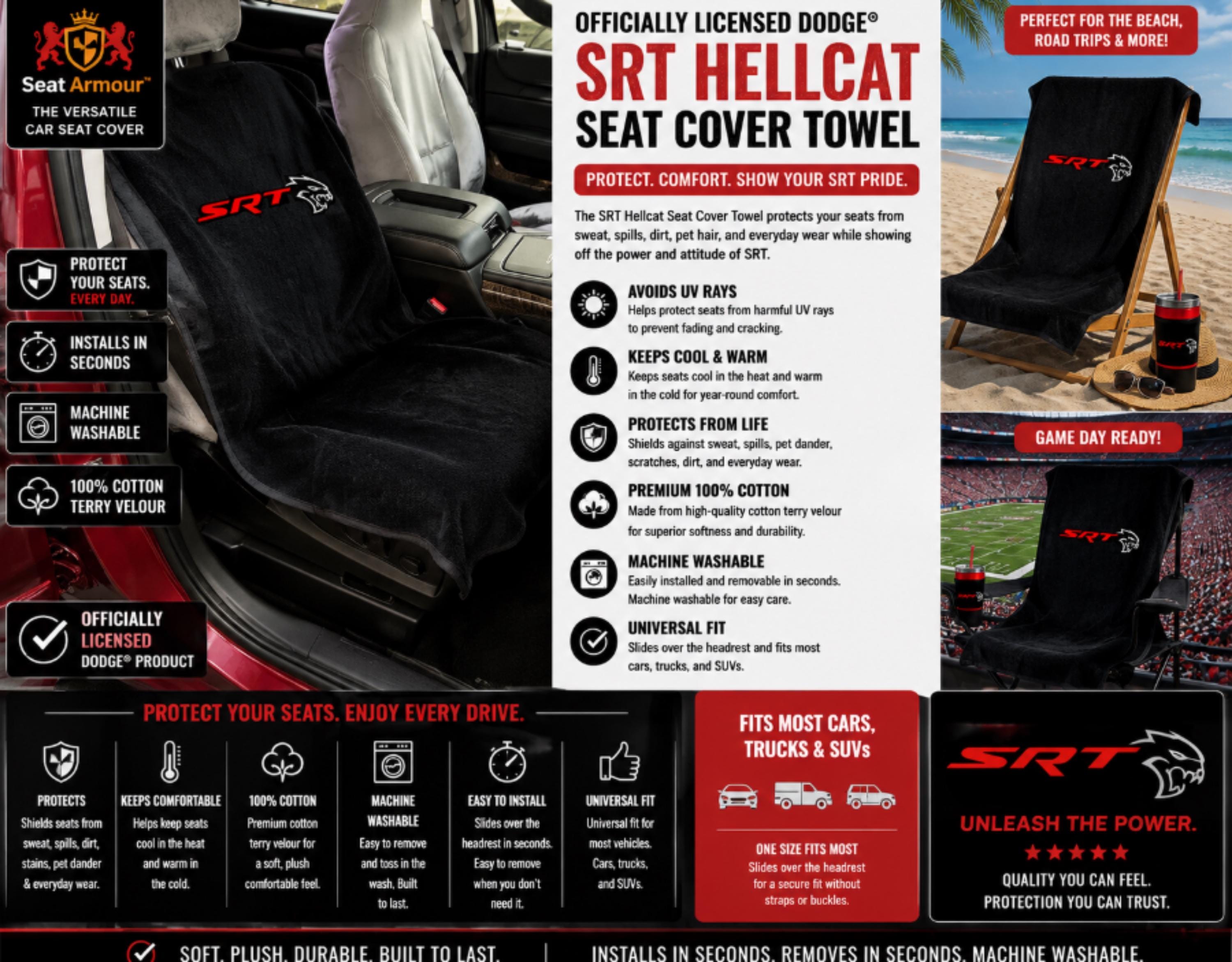 Officially Licensed Dodge SRT Hellcat Seat Cover Towel, Black Cotton Terry Velour