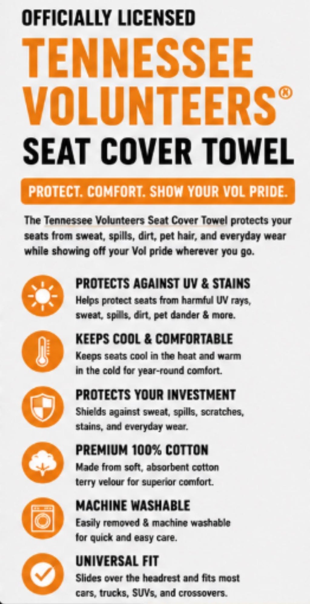 Tennessee Volunteers Seat Cover Towel | 100% Cotton Terry Velour Car Protector