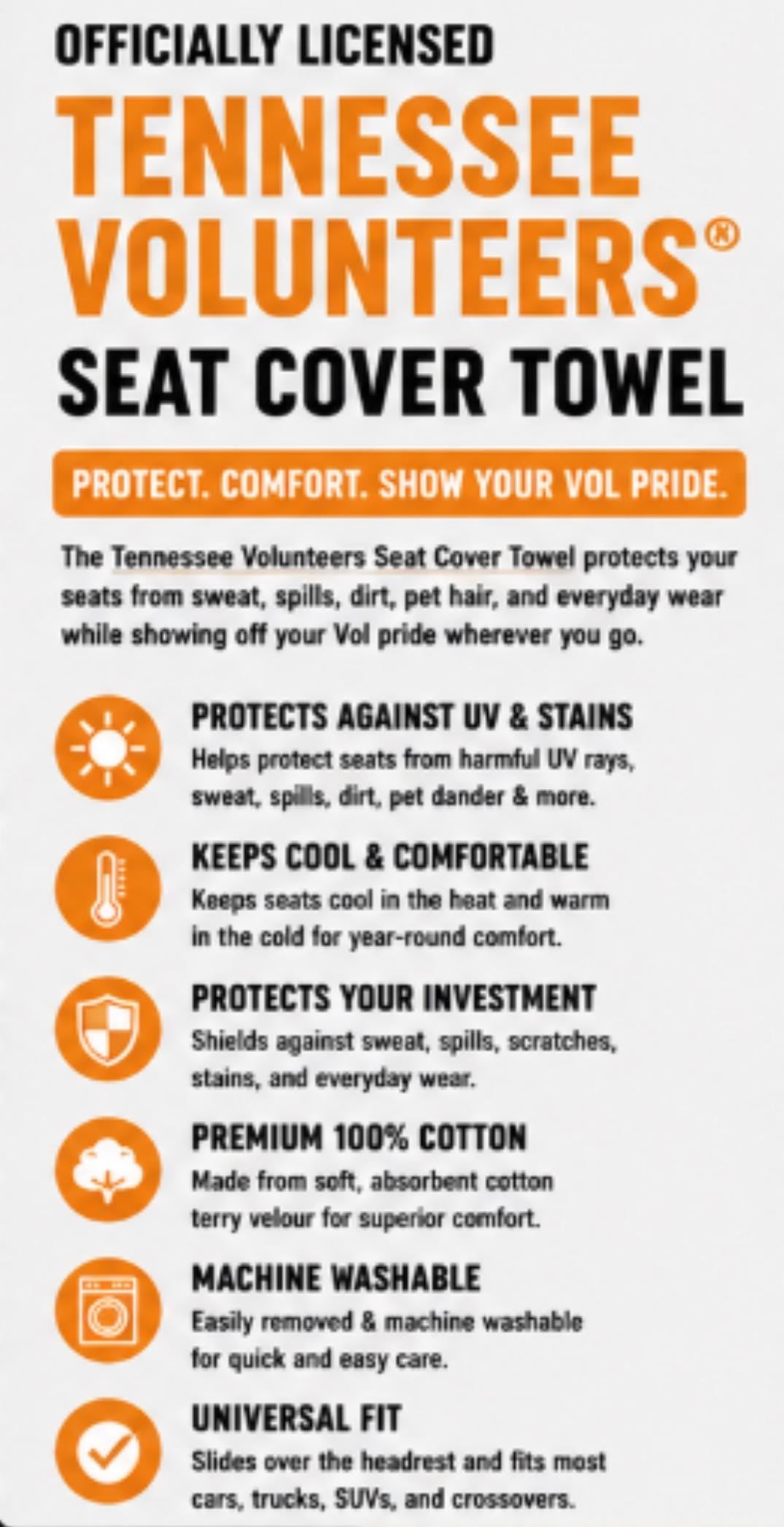 Tennessee Volunteers Seat Cover Towel | 100% Cotton Terry Velour Car Protector