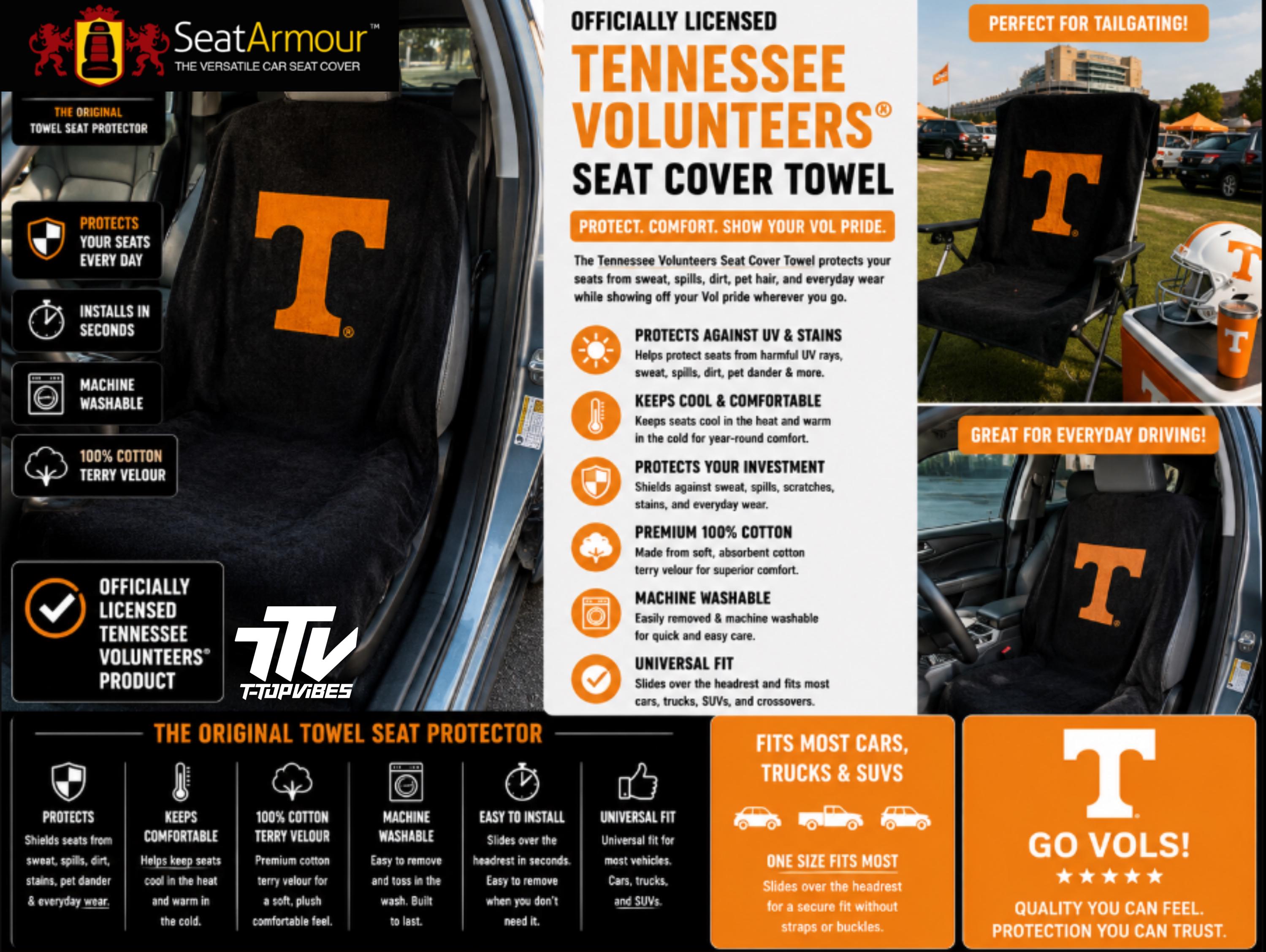 Tennessee Volunteers Seat Cover Towel | 100% Cotton Terry Velour Car Protector