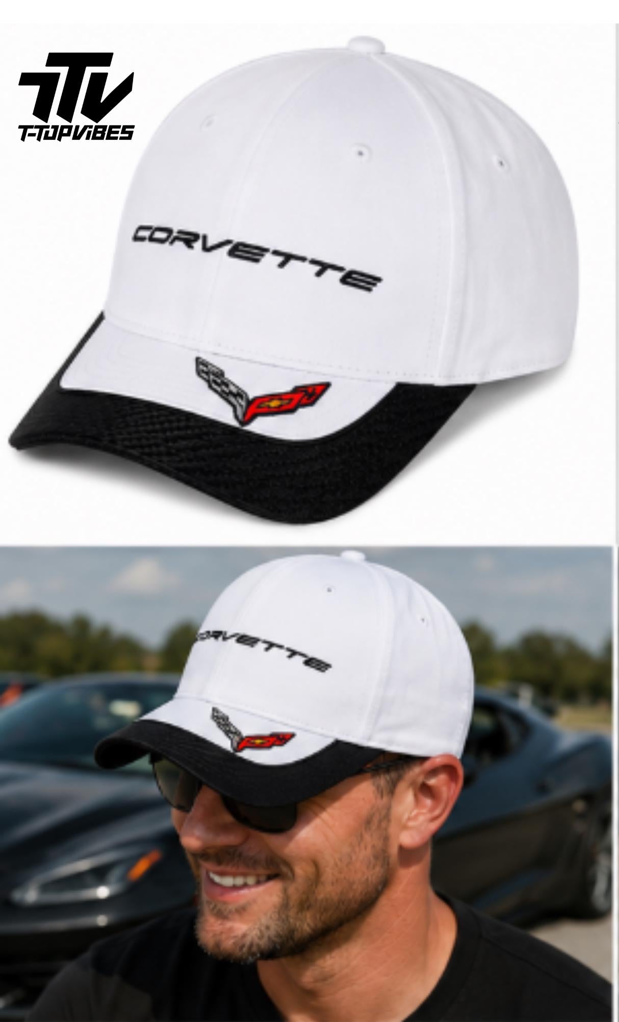 Corvette C8 Baseball Cap | White, Carbon-Look Bill, Crossed Flags Emblem
