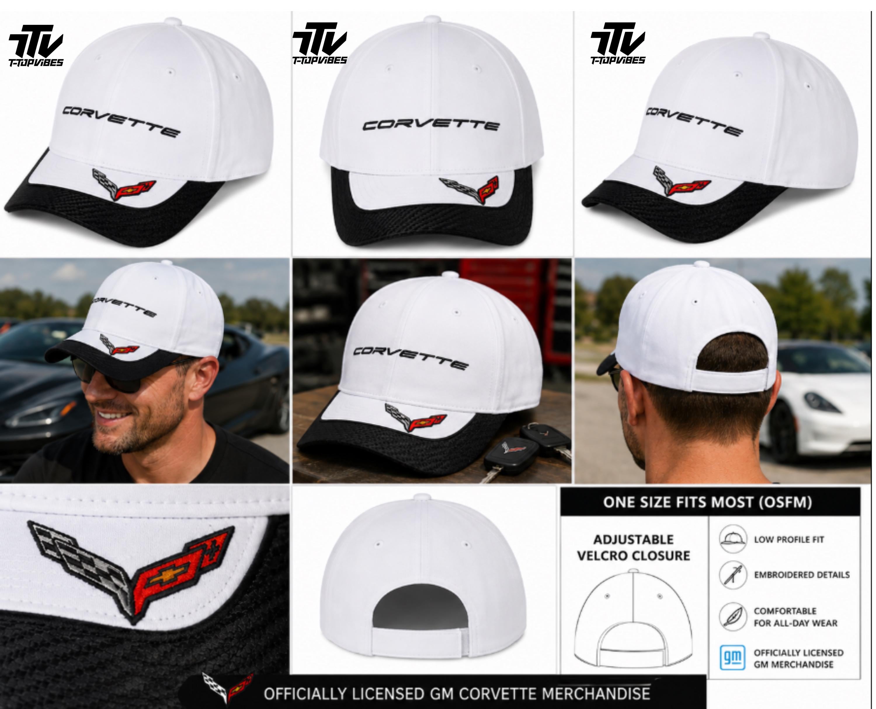 Corvette C8 Baseball Cap | White, Carbon-Look Bill, Crossed Flags Emblem