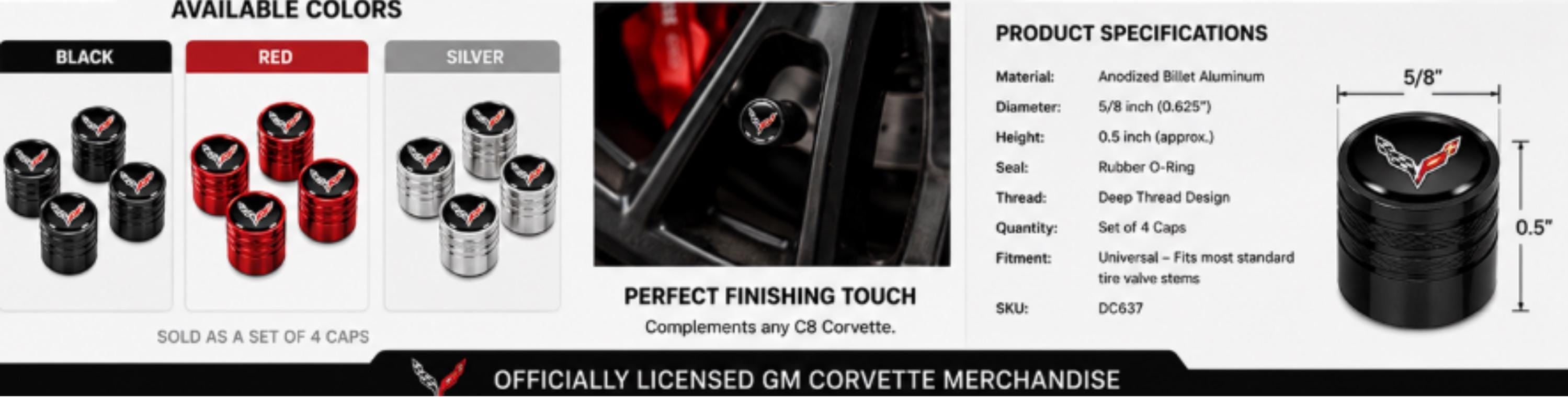 Officially Licensed C8 Corvette Billet Aluminum Valve Stem Caps (Set of 4)
