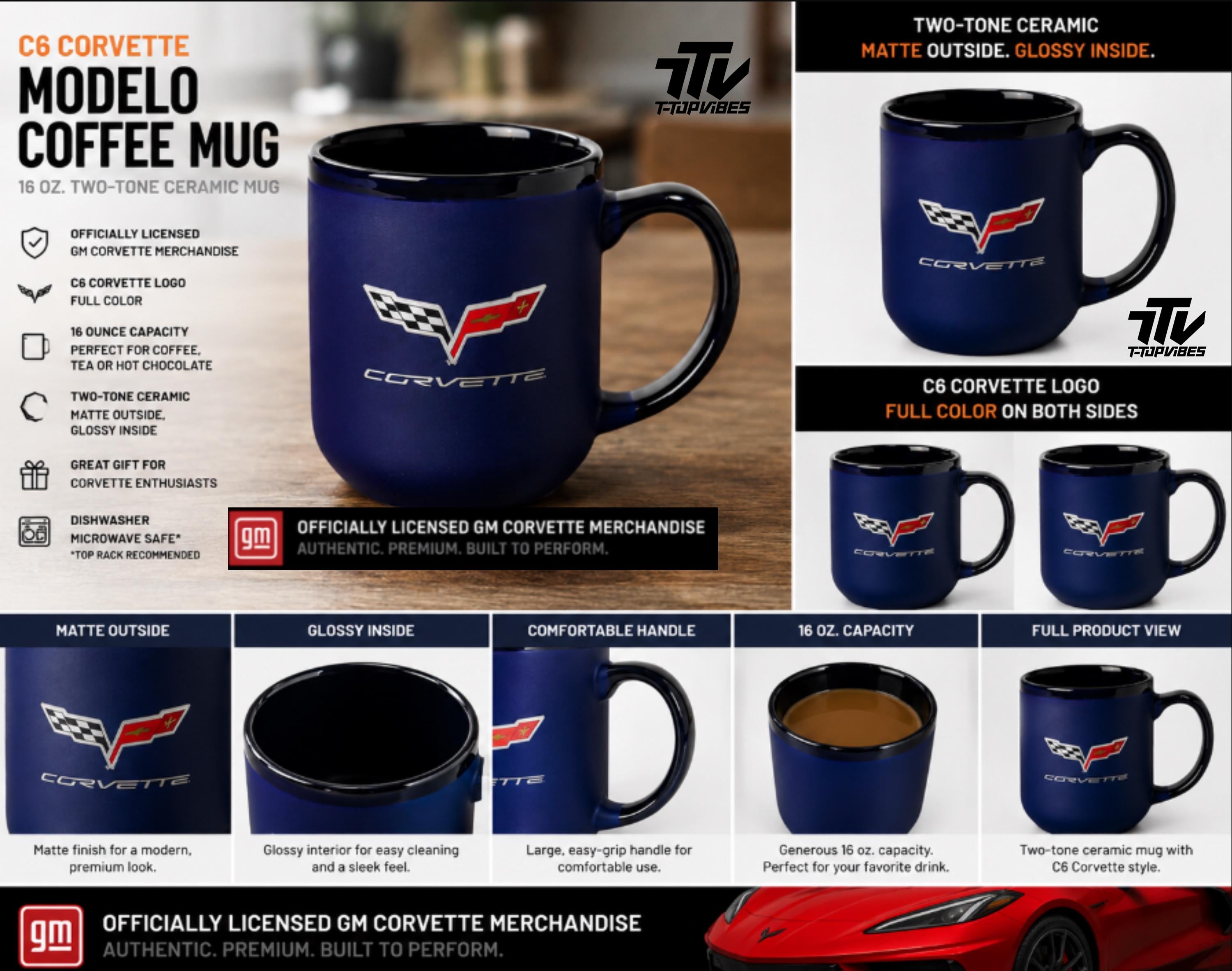 Officially Licensed C6 Corvette 16 oz Ceramic Coffee Mug | Matte Cobalt Blue Cup