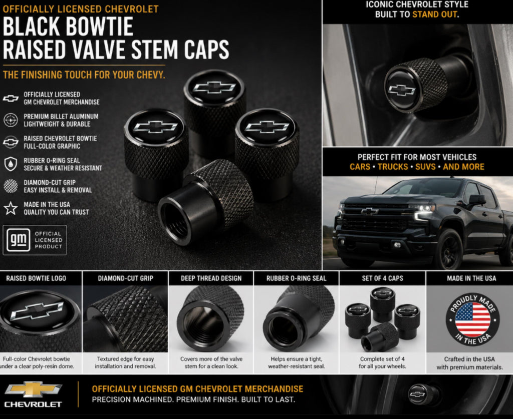 Officially Licensed Chevrolet Bowtie Valve Stem Caps | Black Billet Aluminum (Set of 4)