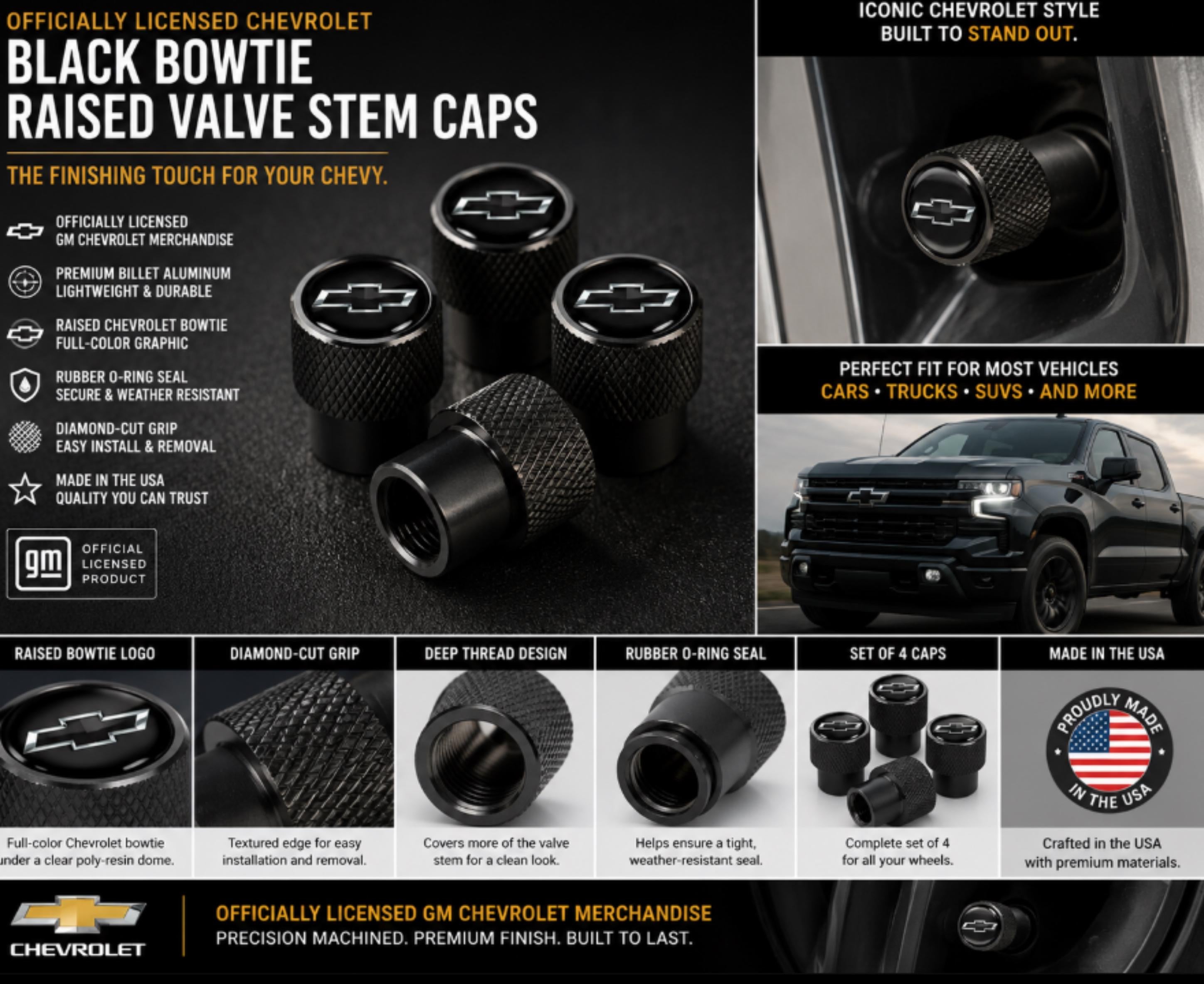 Officially Licensed Chevrolet Bowtie Valve Stem Caps | Black Billet Aluminum (Set of 4)