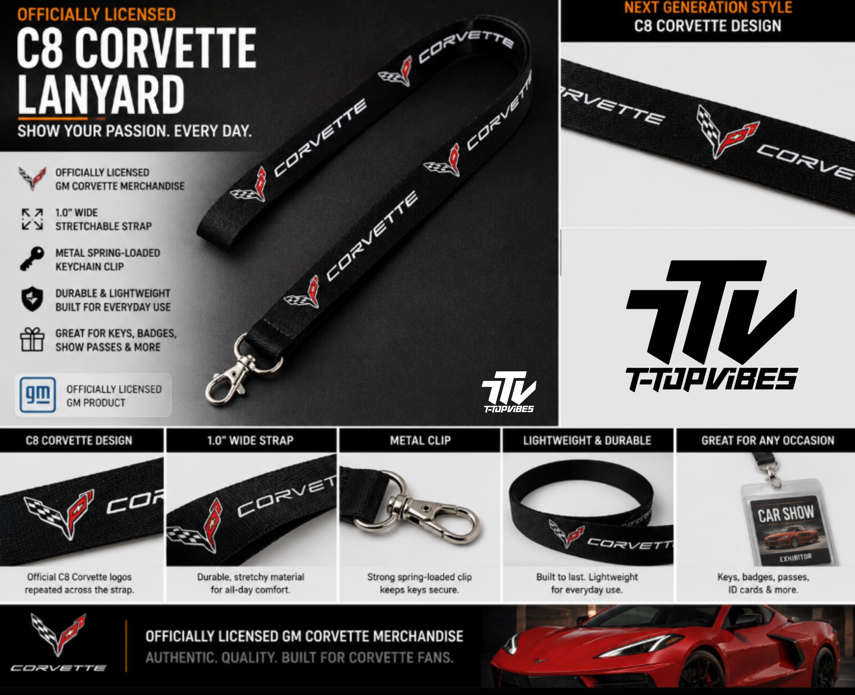 Officially Licensed C8 Corvette Lanyard | Black Chevrolet Key Strap